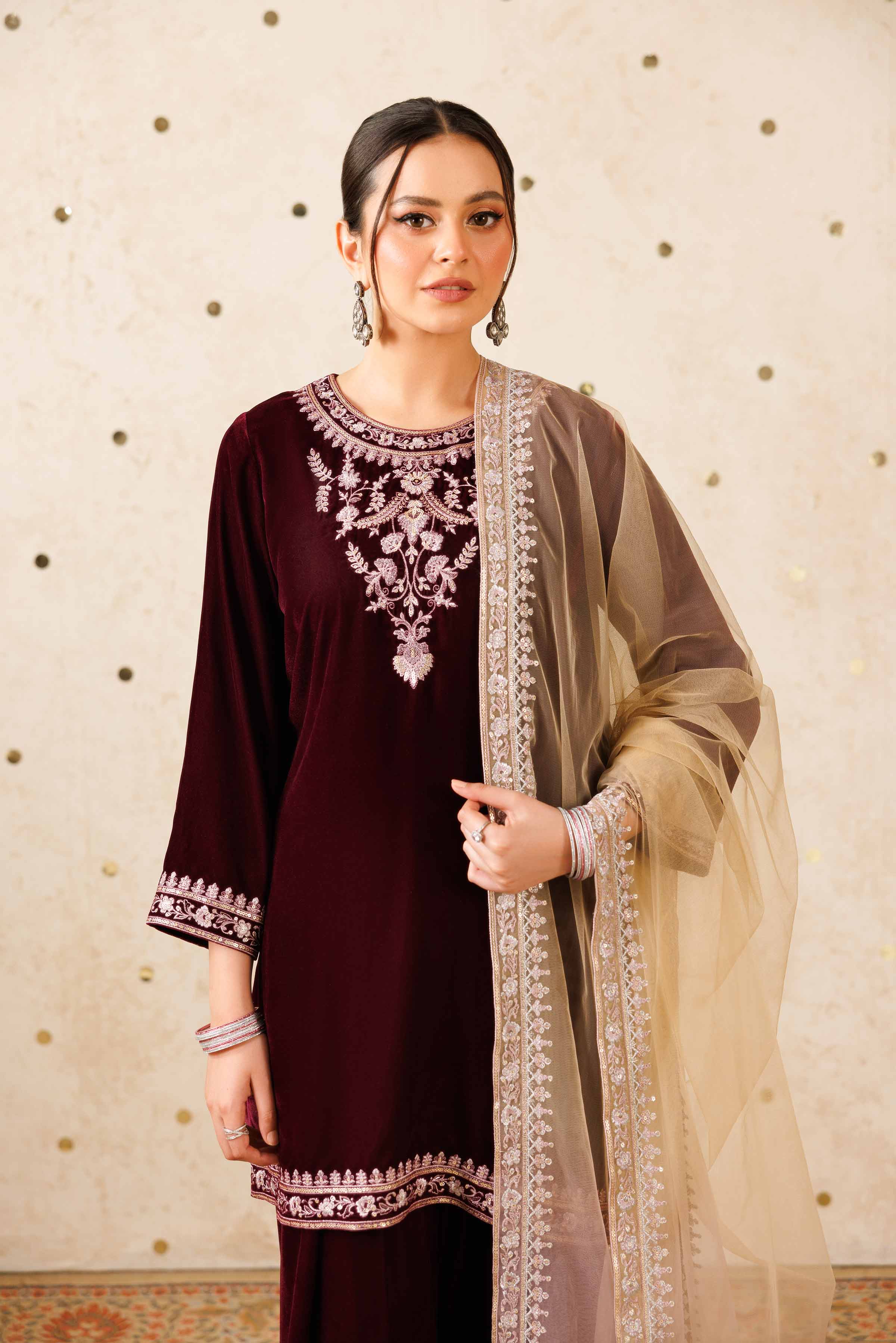 NishatUK - Purple Embroidered Velvet 3-piece ready to wear Suit