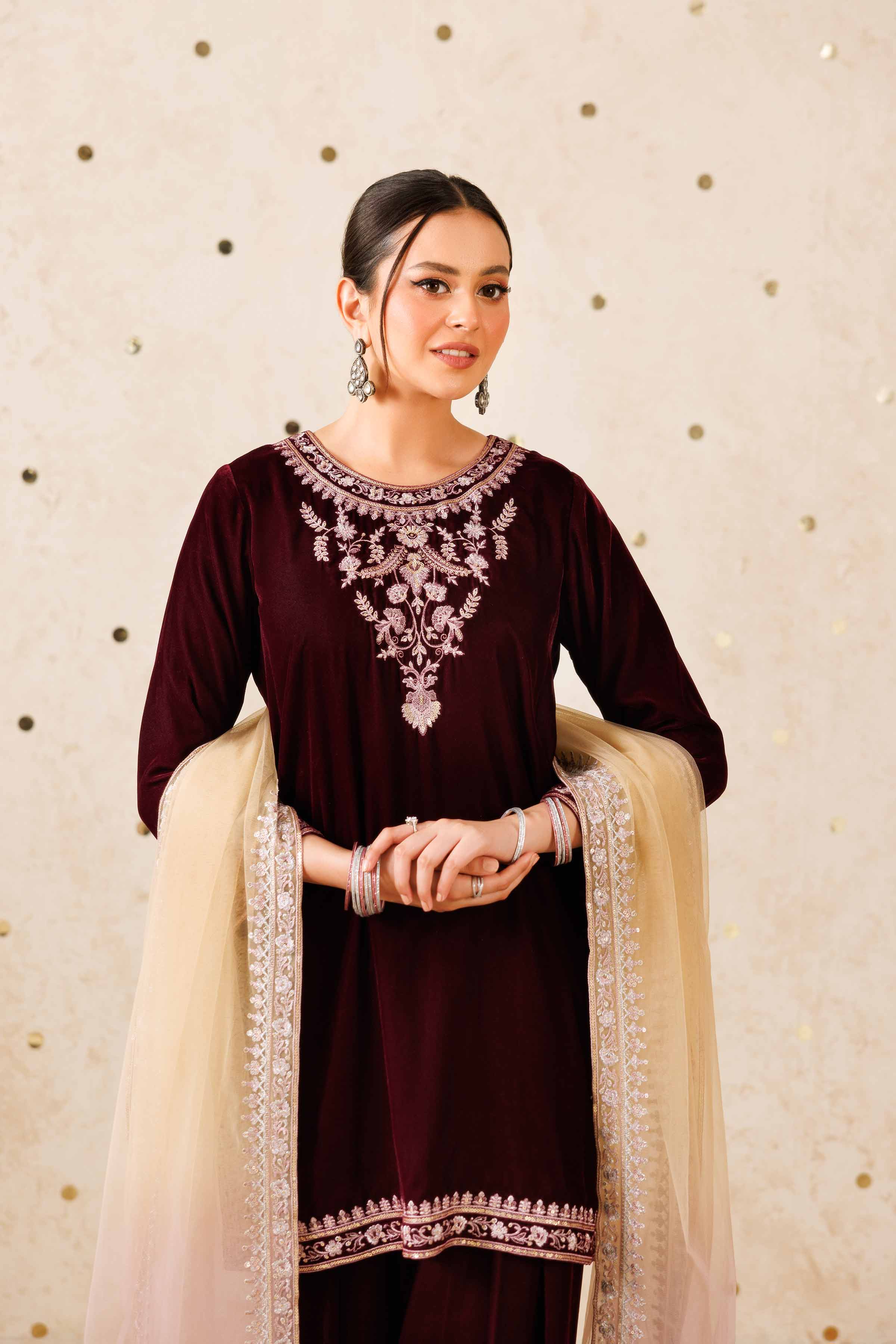 NishatUK - Purple Embroidered Velvet 3-piece ready to wear Suit