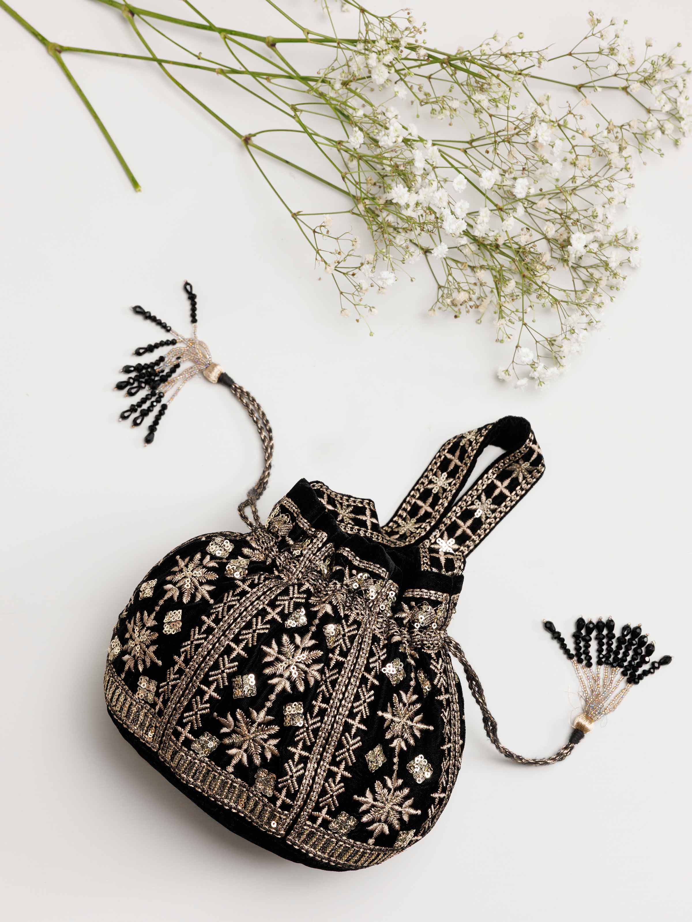 NishatUK - Black Embroidered Velvet  ready to wear Pouch