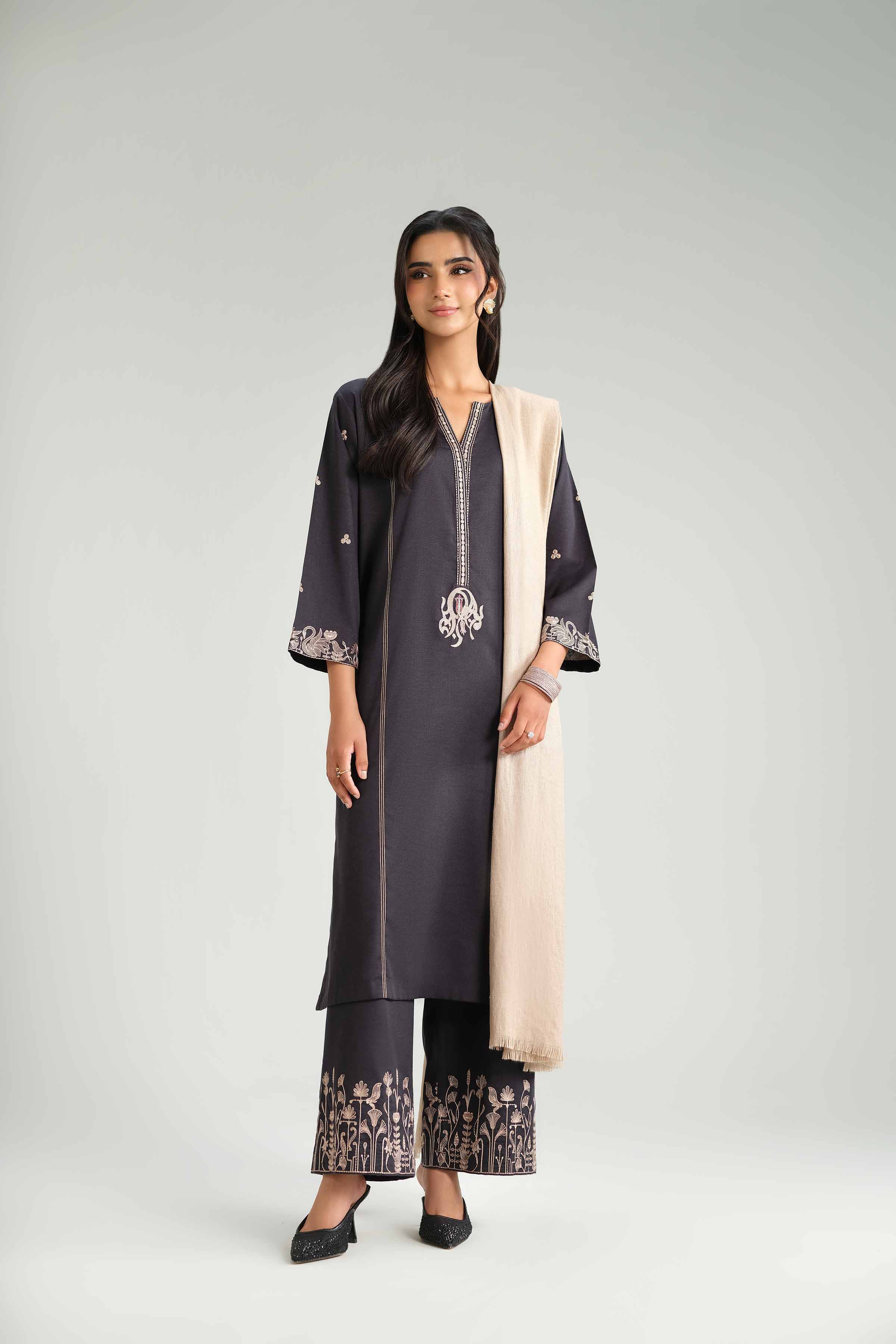 NishatUK - Black Embroidered Karandi 3-piece ready to wear-luxury Suit