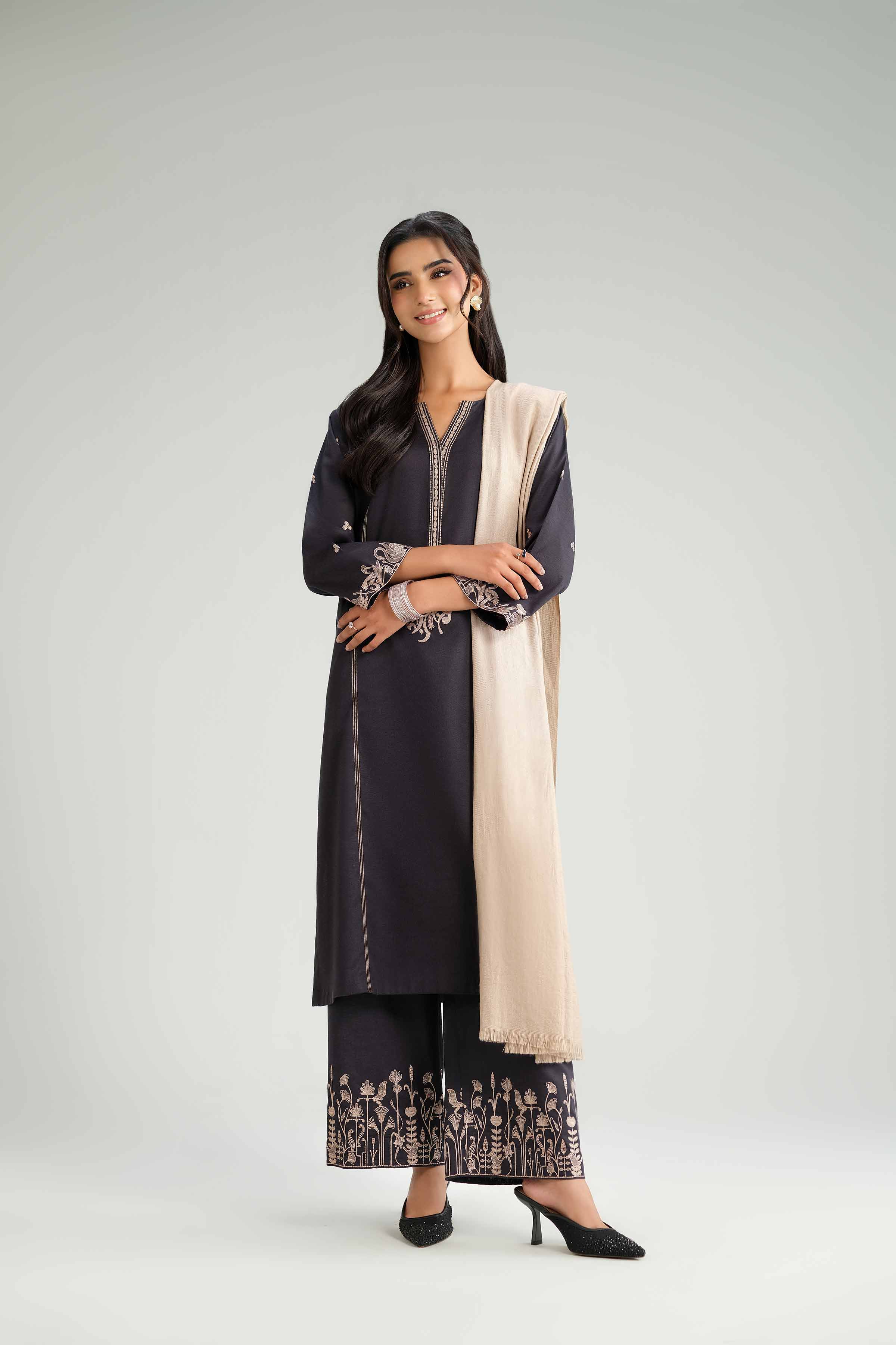 NishatUK - Black Embroidered Karandi 3-piece ready to wear-luxury Suit