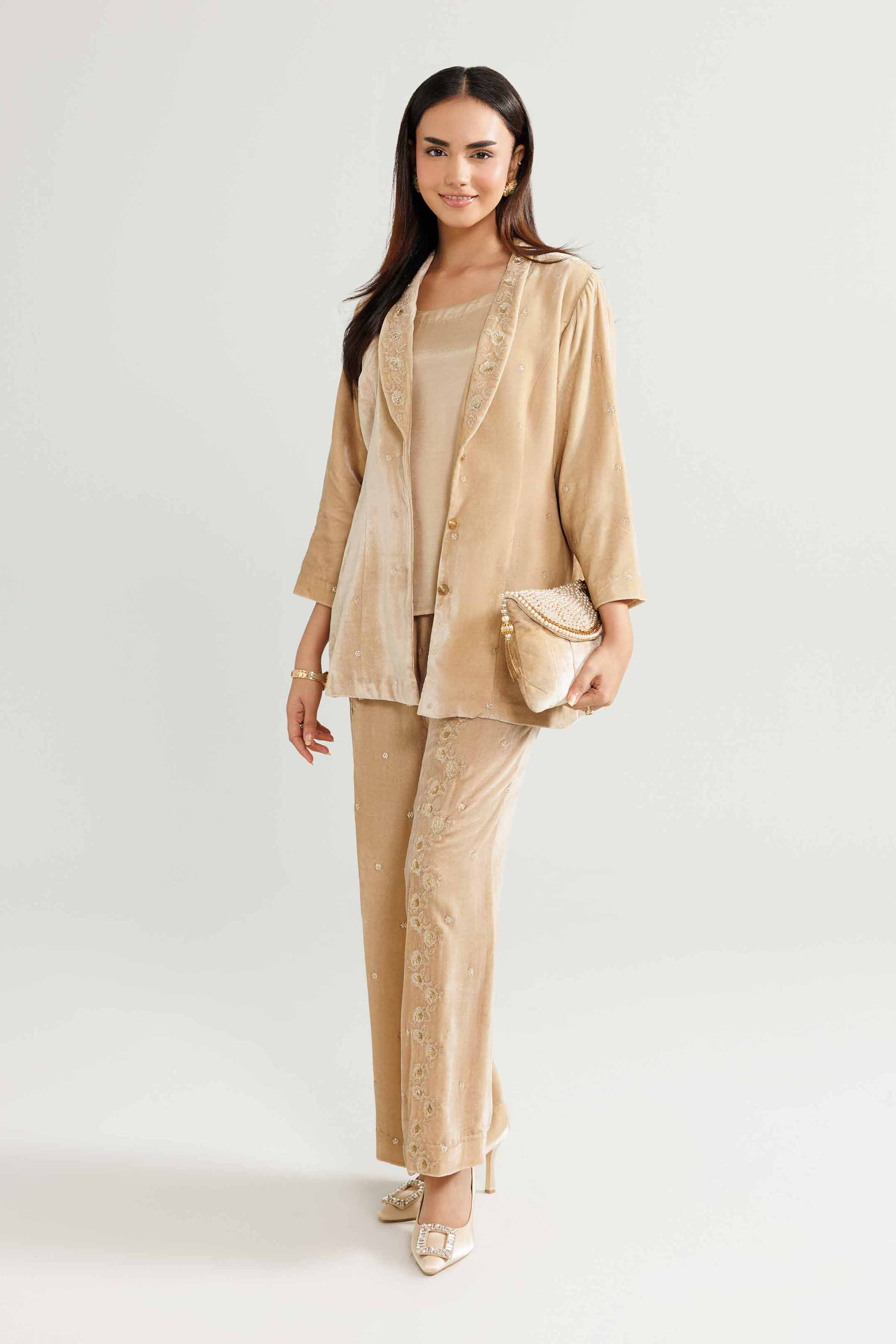 NishatUK - Beige Embroidered Velvet 3-piece ready to wear Suit
