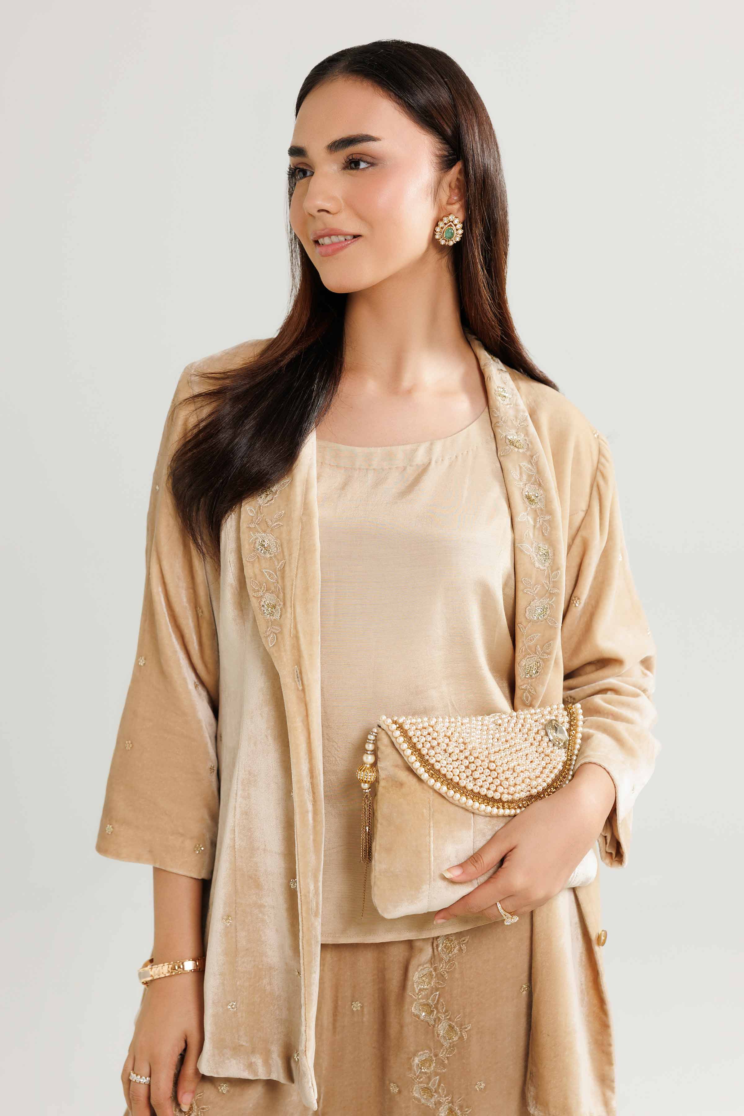 NishatUK - Beige Embroidered Velvet 3-piece ready to wear Suit