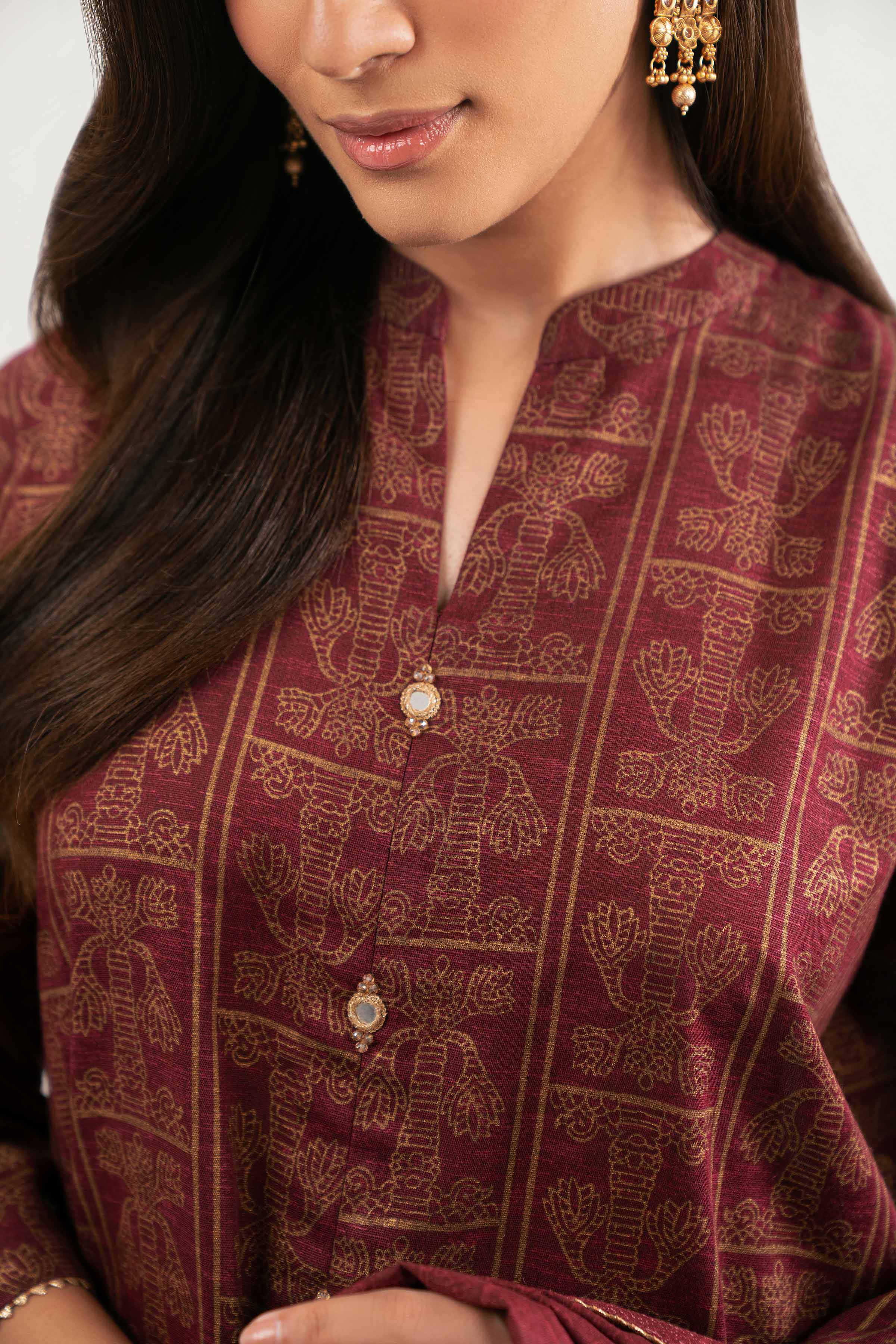 NishatUK - Maroon Printed Karandi 3-piece ready to wear Suit