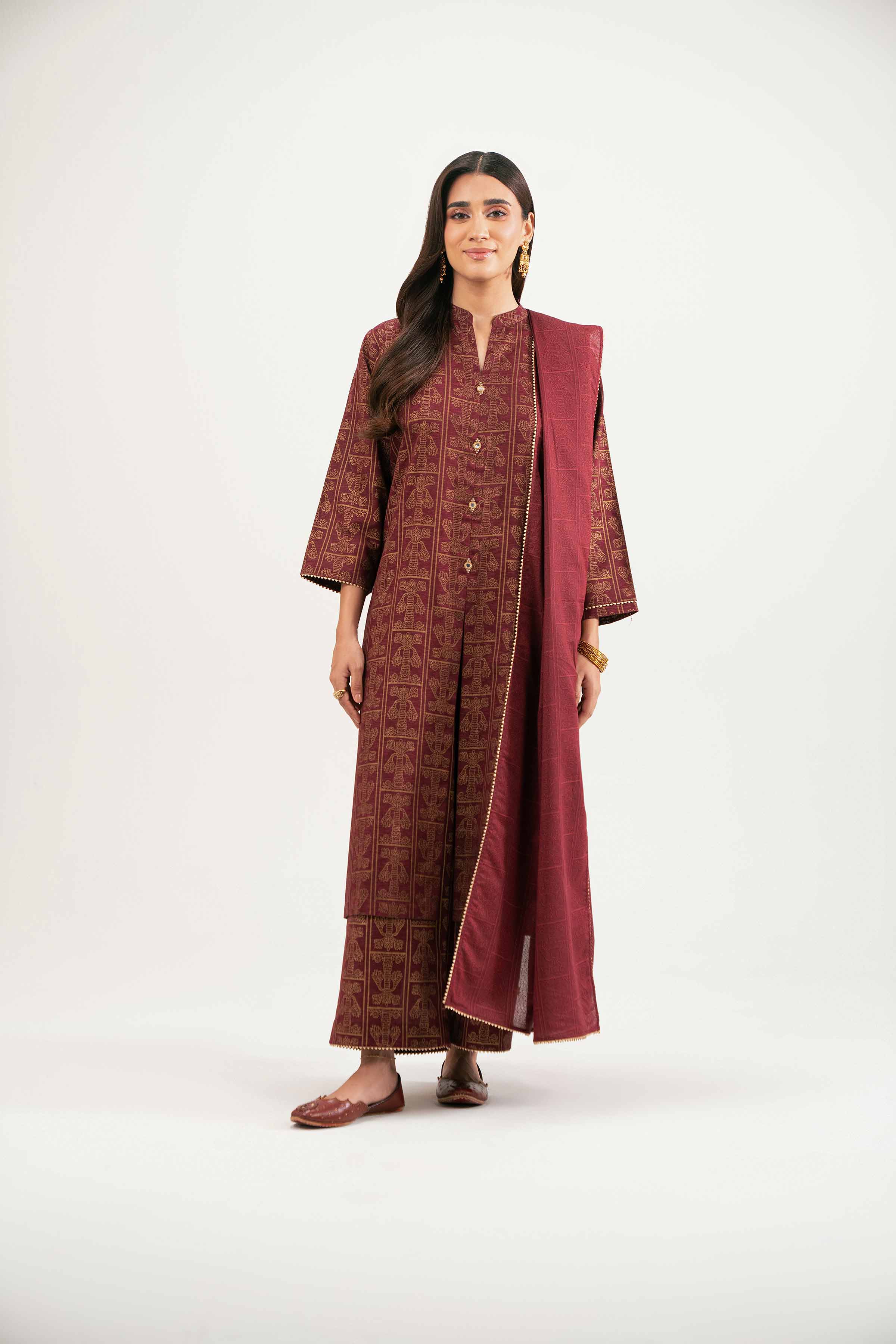 NishatUK - Maroon Printed Karandi 3-piece ready to wear Suit