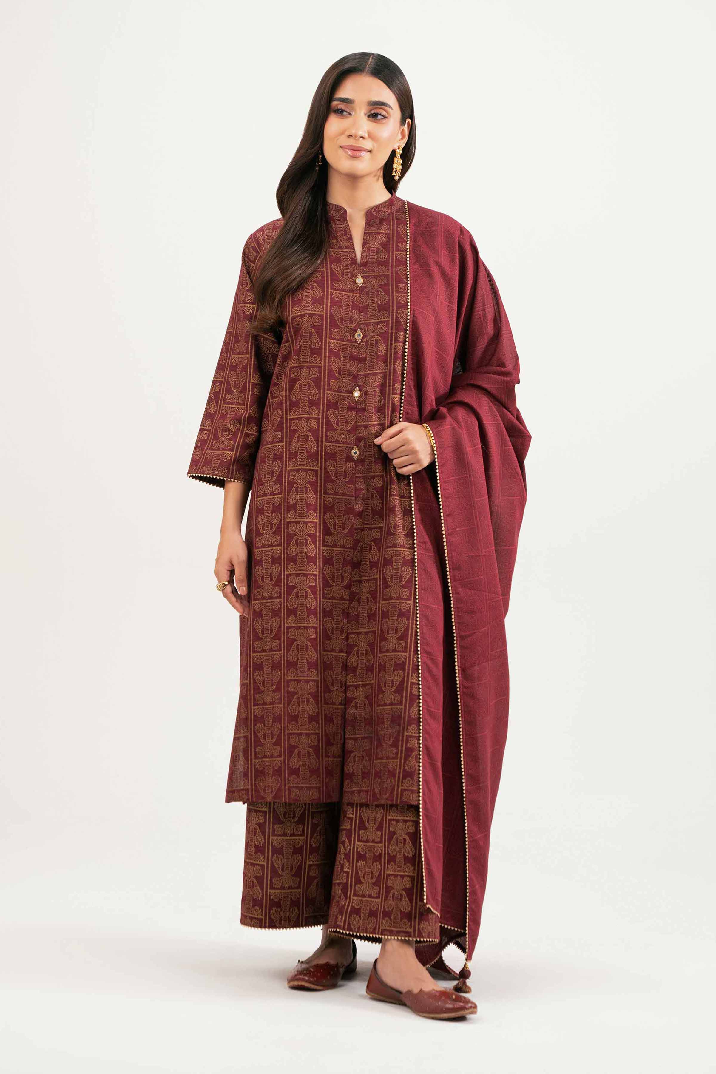 NishatUK - Maroon Printed Karandi 3-piece ready to wear Suit