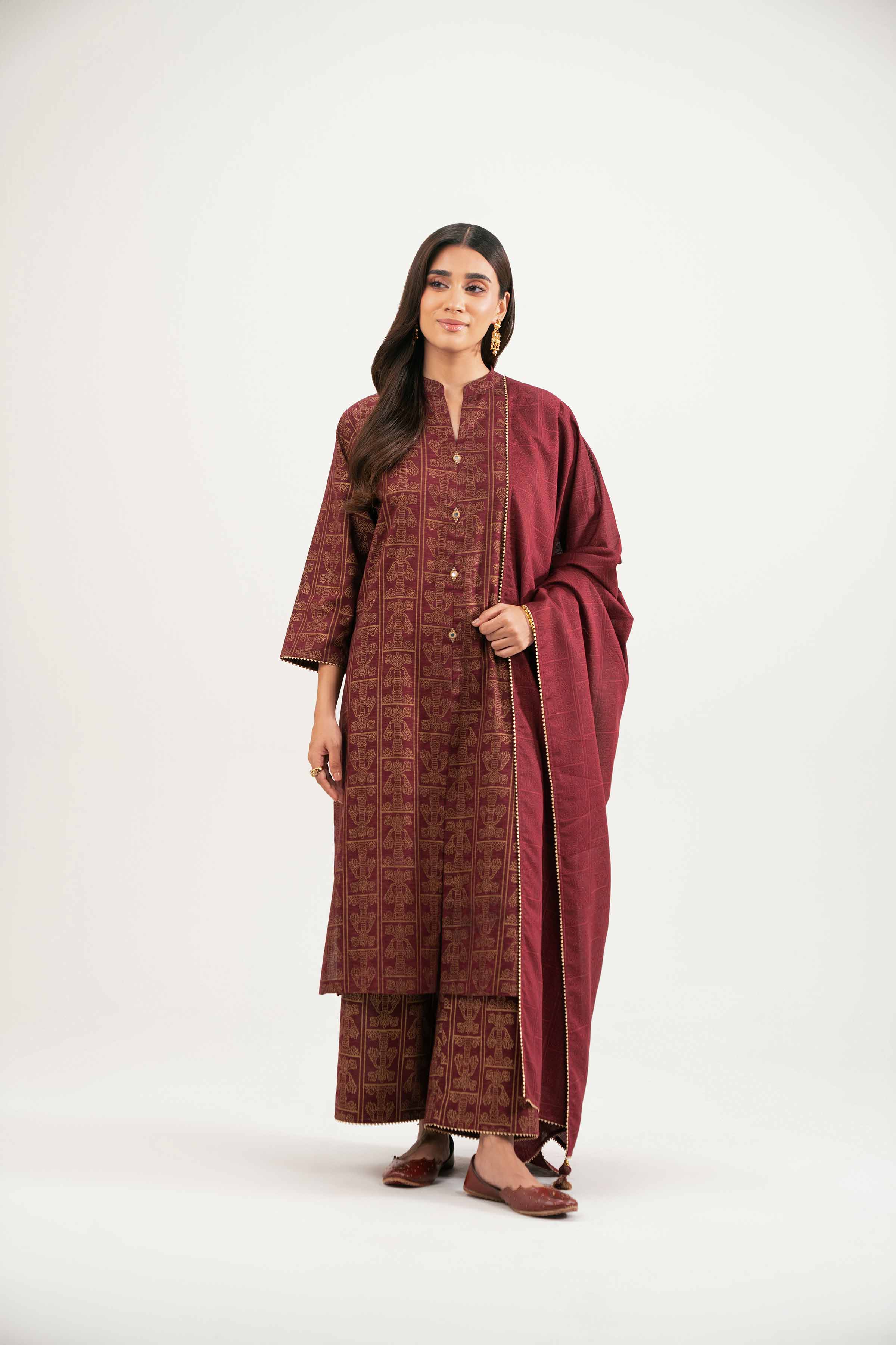 NishatUK - Maroon Printed Karandi 3-piece ready to wear Suit
