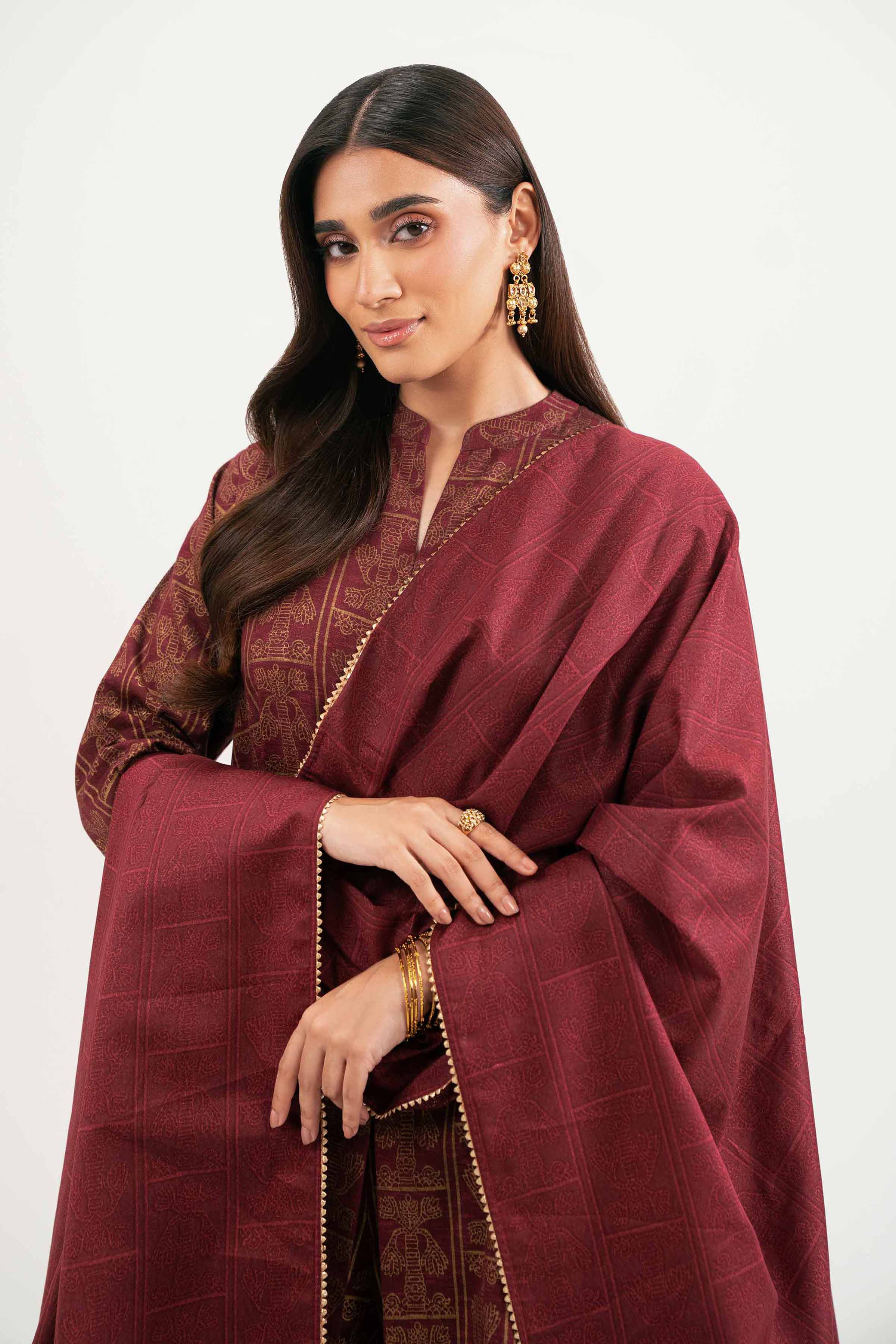 NishatUK - Maroon Printed Karandi 3-piece ready to wear Suit