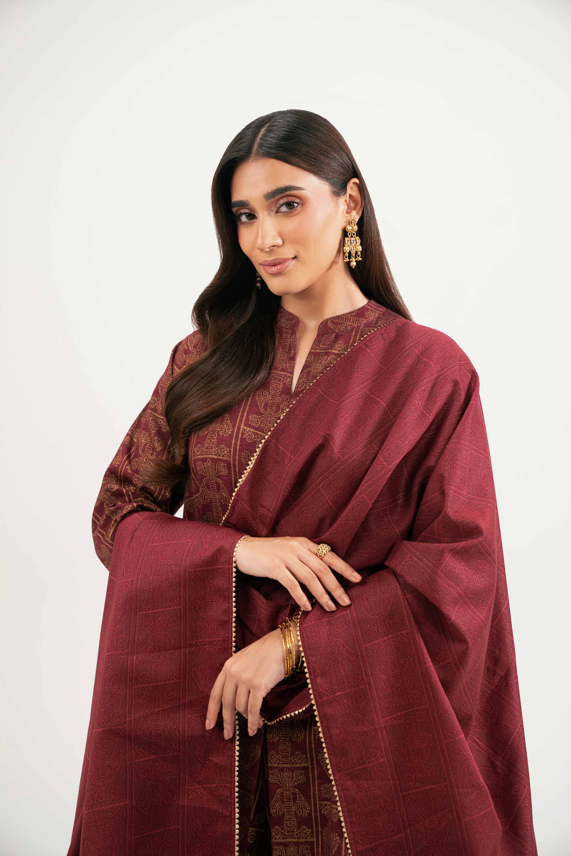 NishatUK - Maroon Printed Karandi 3-piece ready to wear Suit