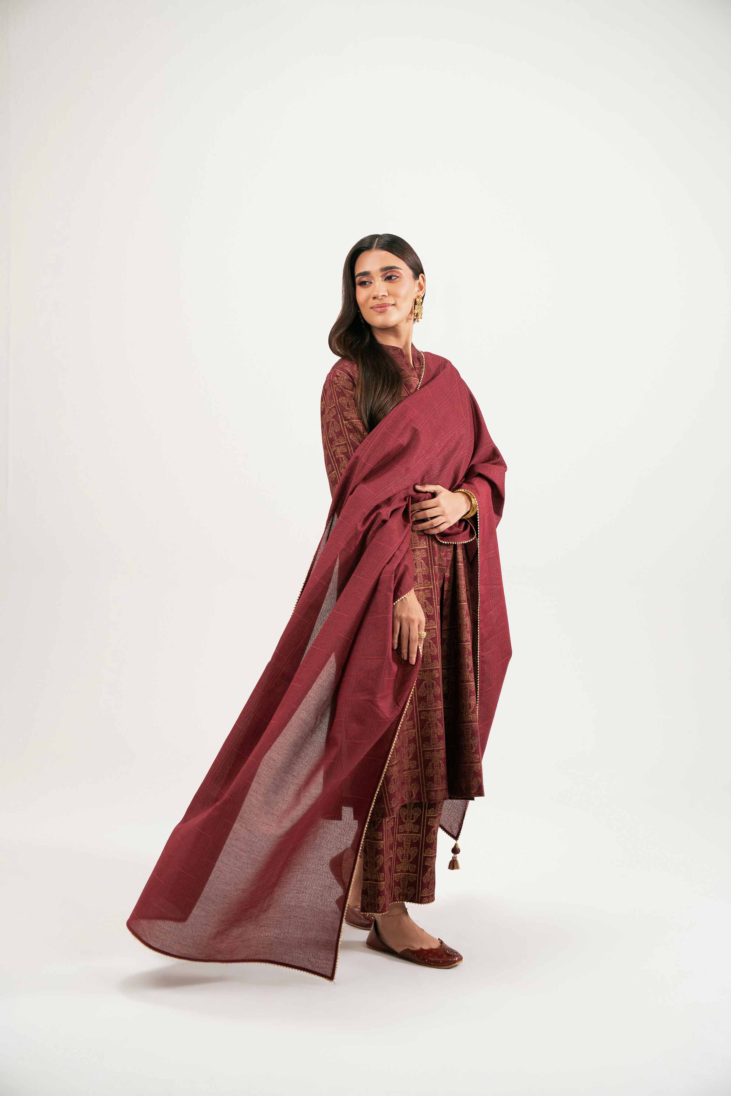 NishatUK - Maroon Printed Karandi 3-piece ready to wear Suit