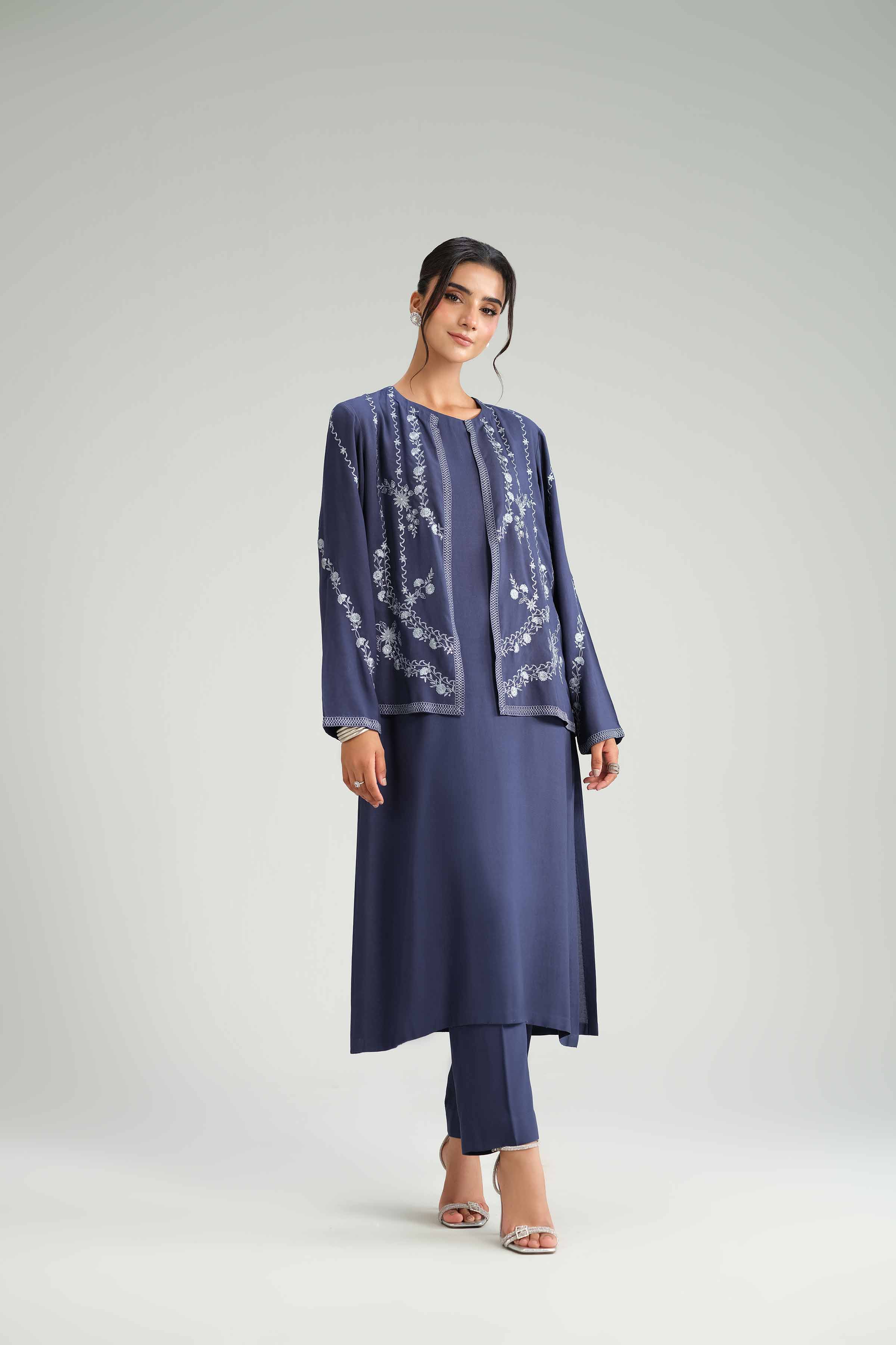 NishatUK - Blue Embroidered Linen 3-piece ready to wear-luxury Suit