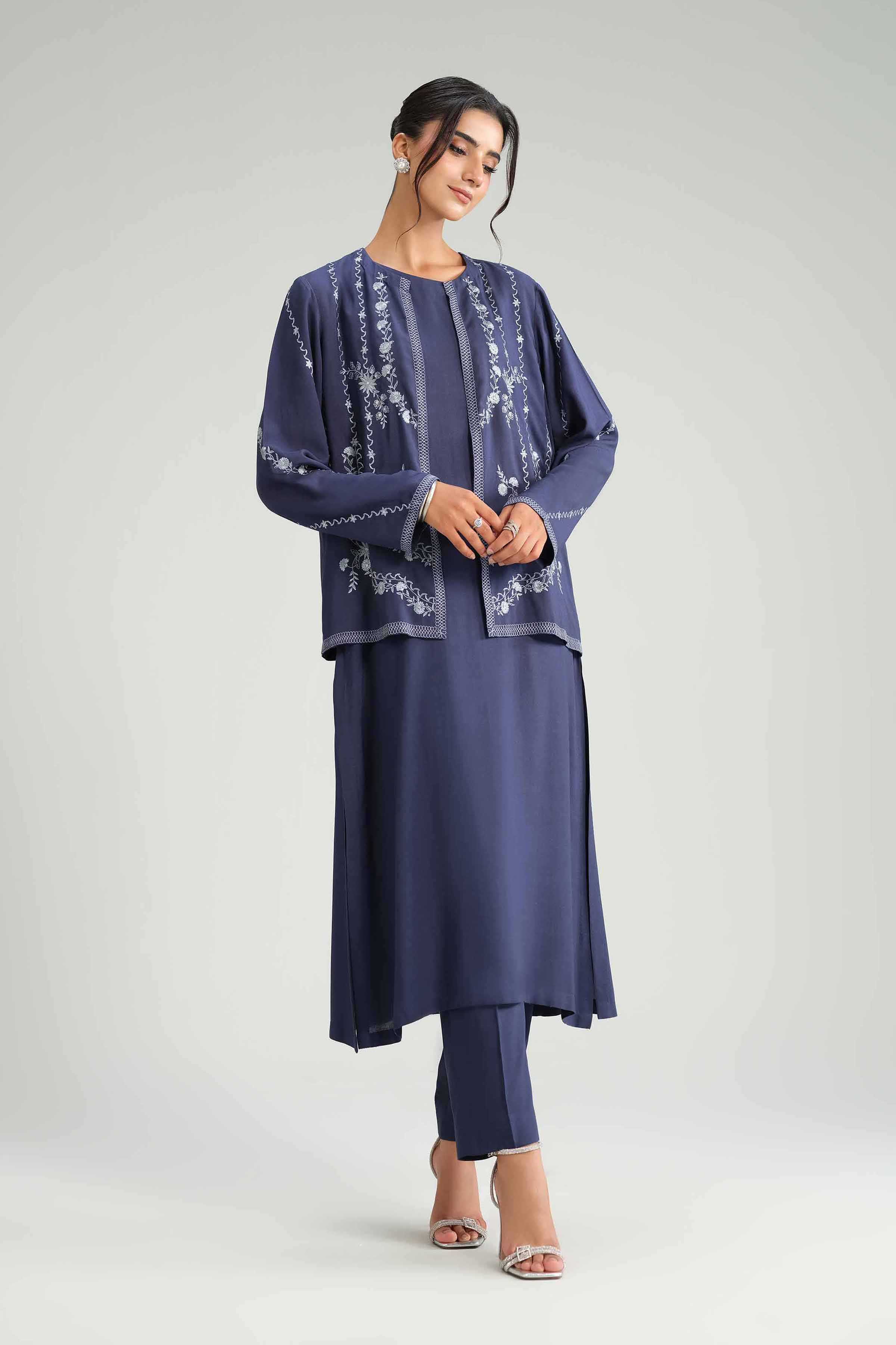 NishatUK - Blue Embroidered Linen 3-piece ready to wear-luxury Suit