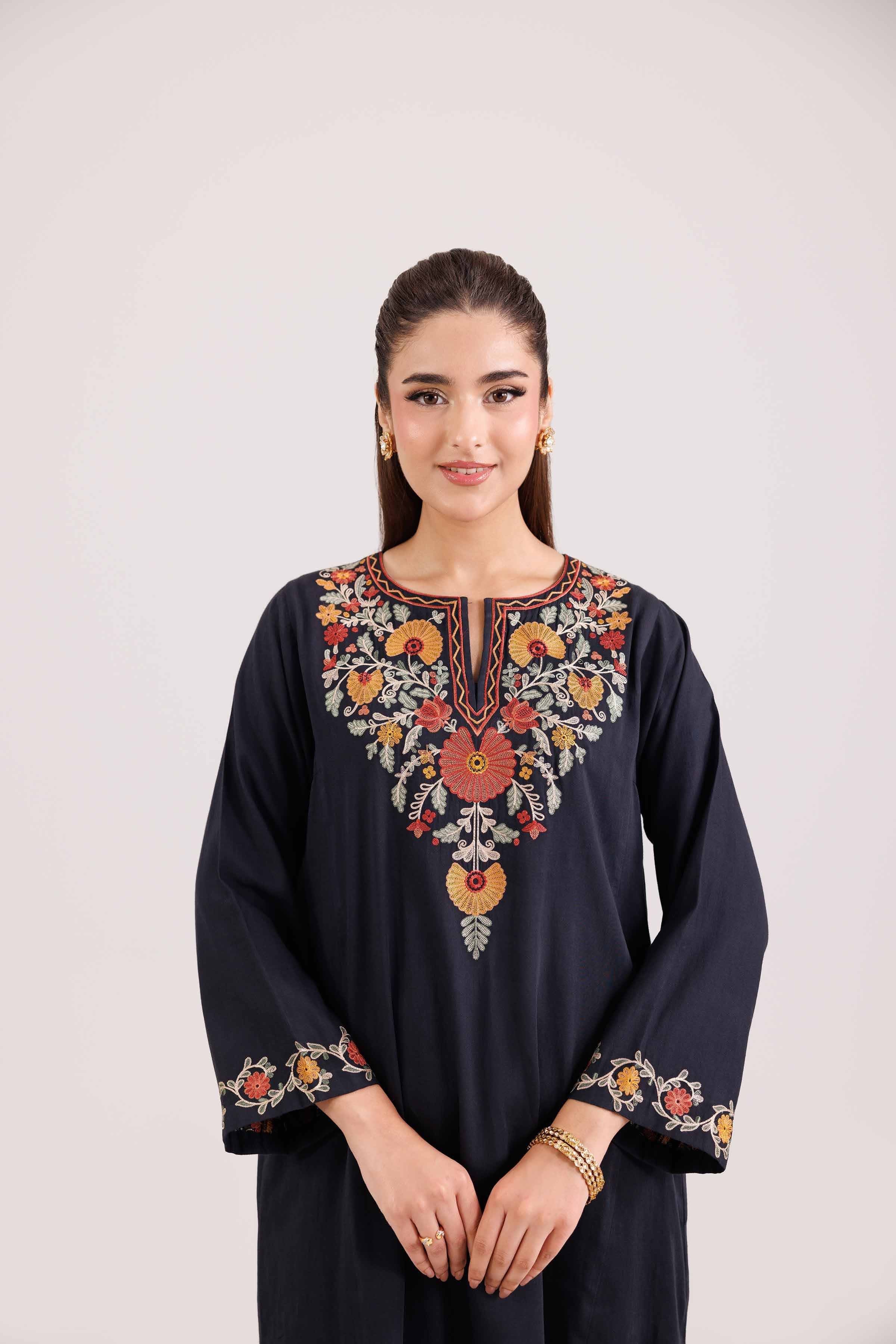 NishatUK - Black Embroidered Sateen 2-piece ready to wear-luxury Dress