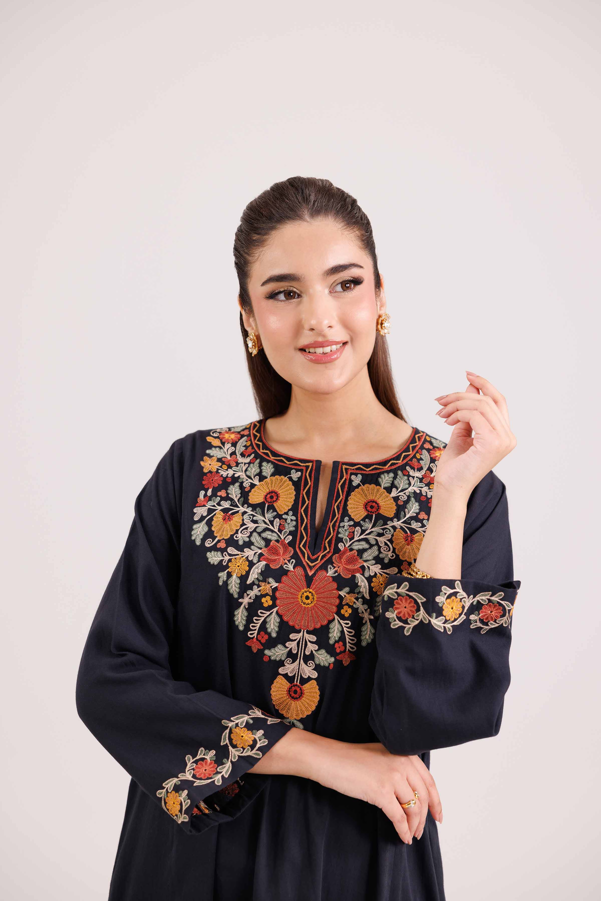 NishatUK - Black Embroidered Sateen 2-piece ready to wear-luxury Dress
