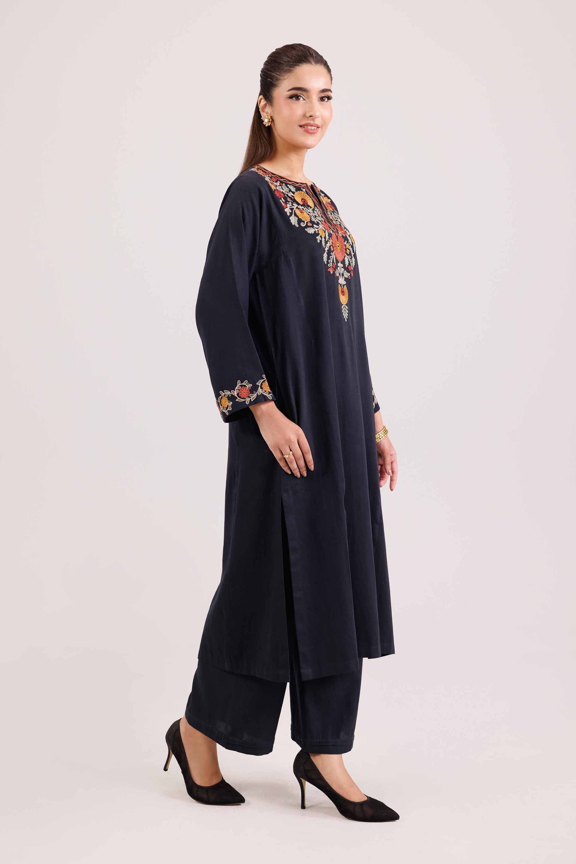 NishatUK - Black Embroidered Sateen 2-piece ready to wear-luxury Dress