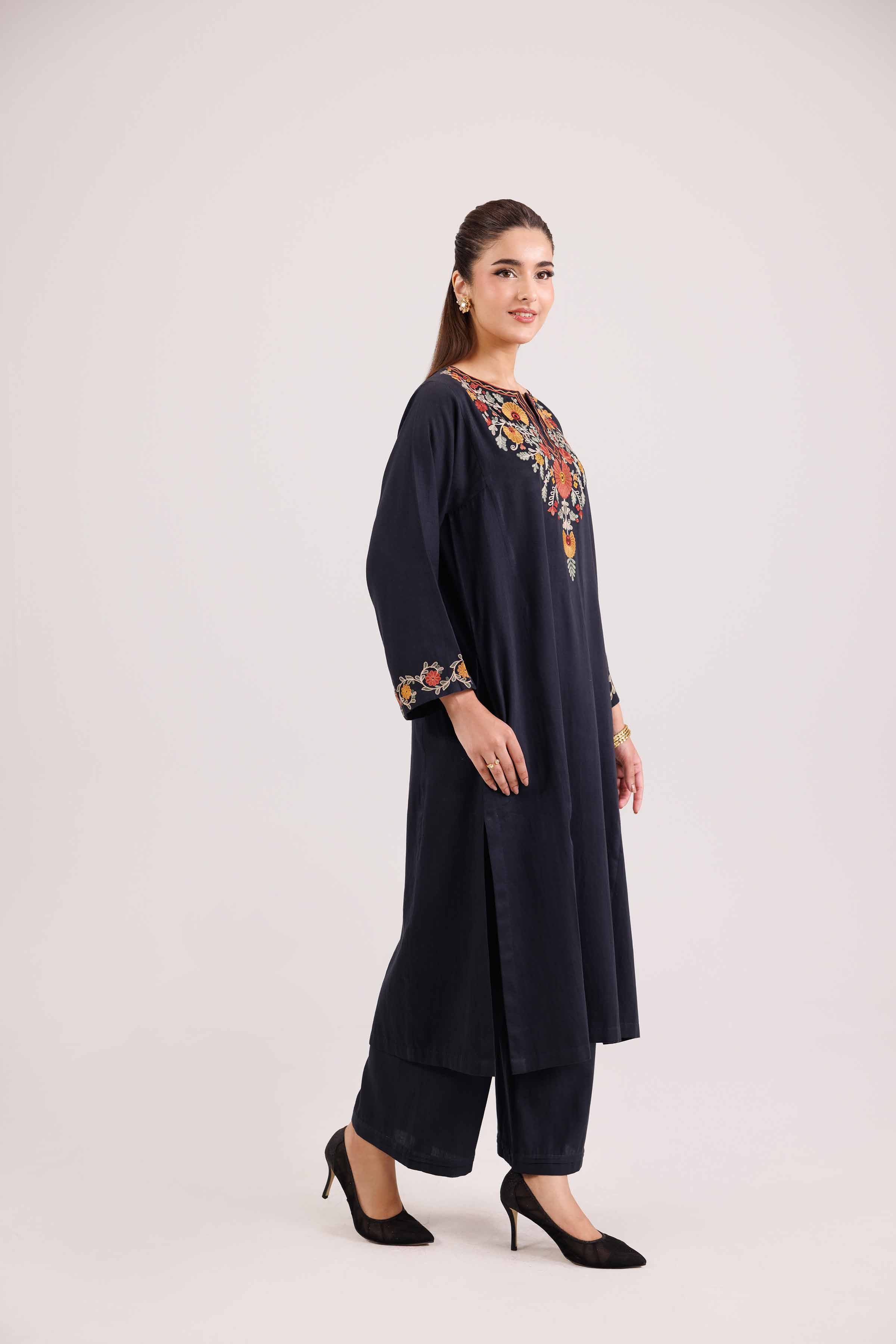 NishatUK - Black Embroidered Sateen 2-piece ready to wear-luxury Dress