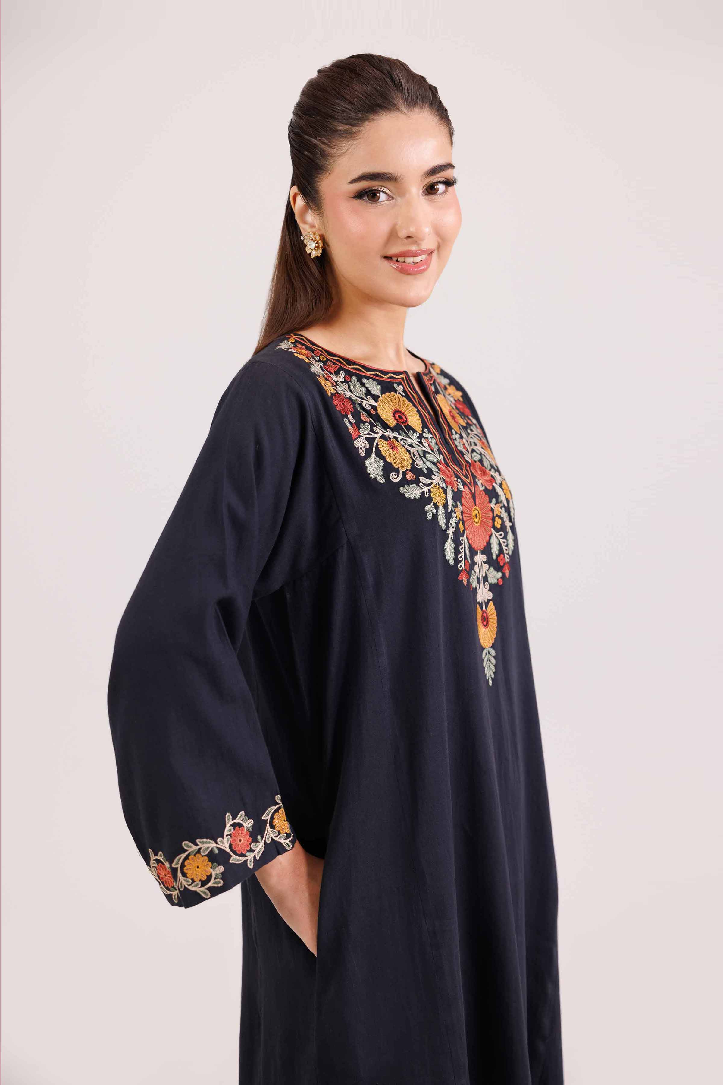 NishatUK - Black Embroidered Sateen 2-piece ready to wear-luxury Dress