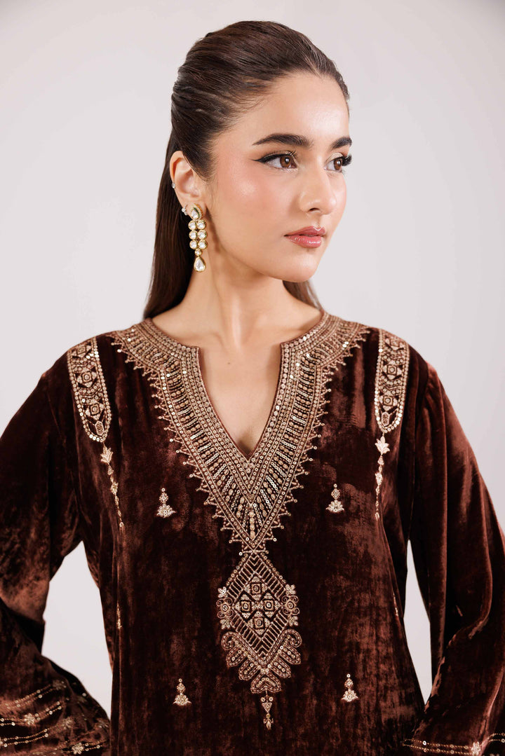 NishatUK - Brown Embroidered  Velvet 2-piece ready to wear Luxury Dress