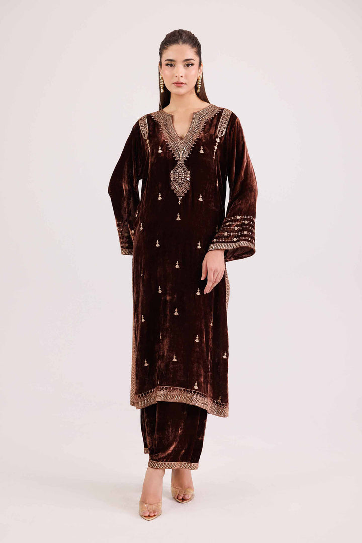 NishatUK - Brown Embroidered  Velvet 2-piece ready to wear Luxury Dress