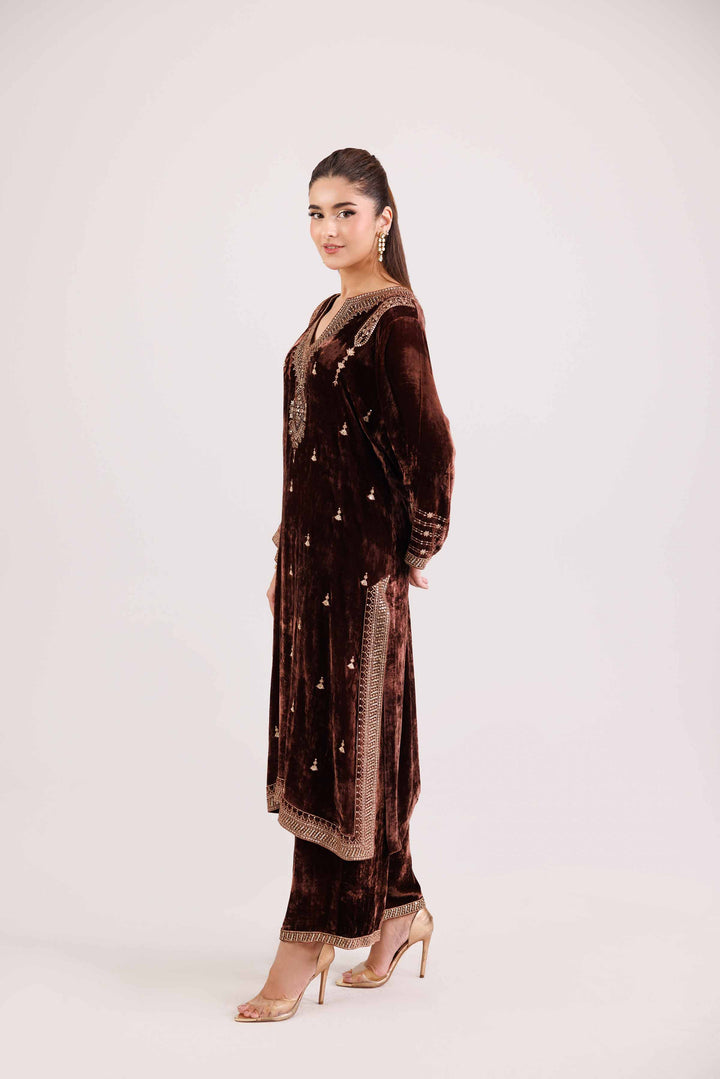 NishatUK - Brown Embroidered  Velvet 2-piece ready to wear Luxury Dress