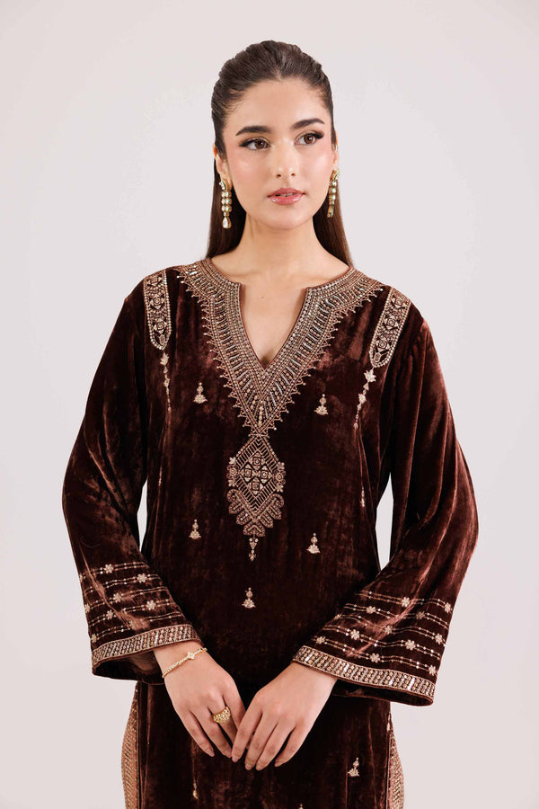 NishatUK - Brown Embroidered  Velvet 2-piece ready to wear Luxury Dress