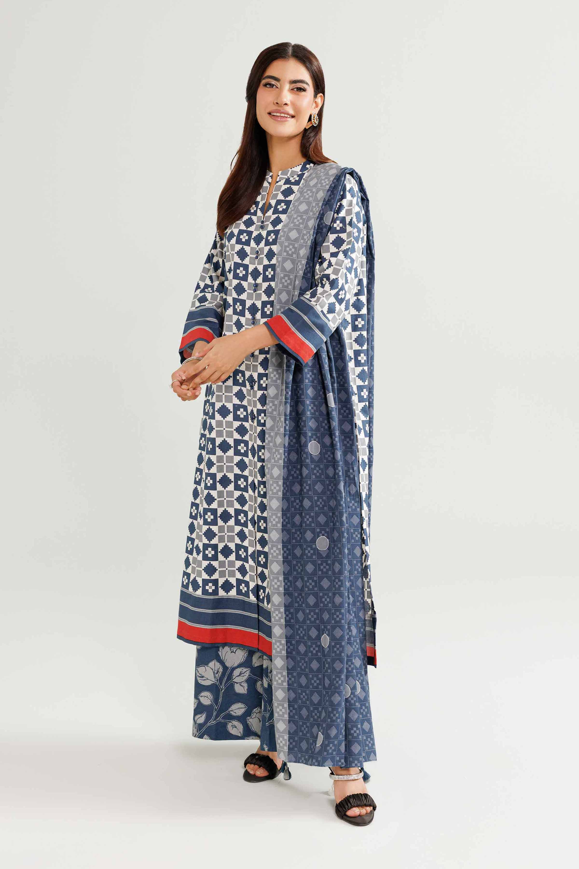 NishatUK - Blue Printed Linen 3-piece ready to wear Suit
