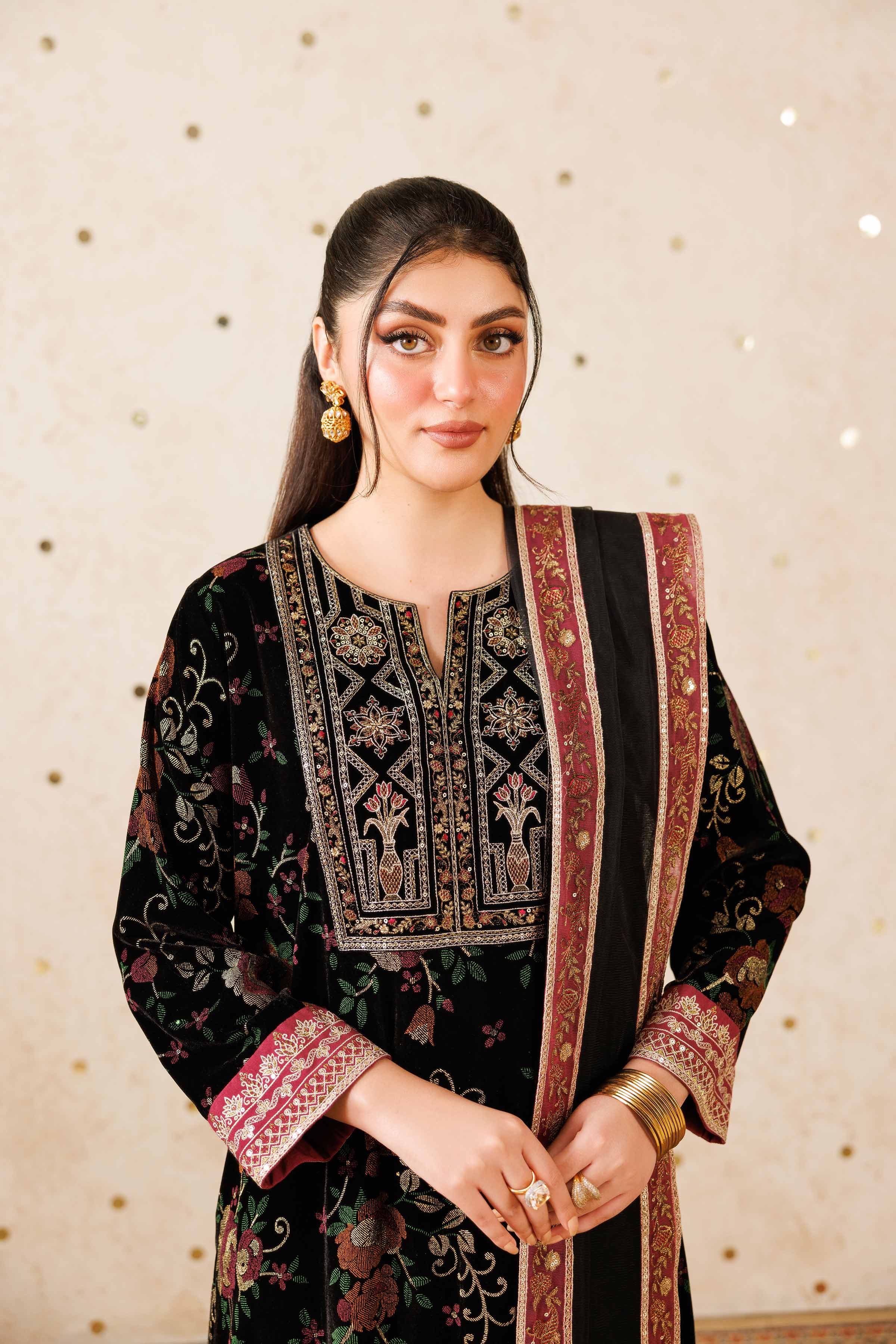 NishatUK - Black Embroidered Velvet 3-piece ready to wear-luxury Suit