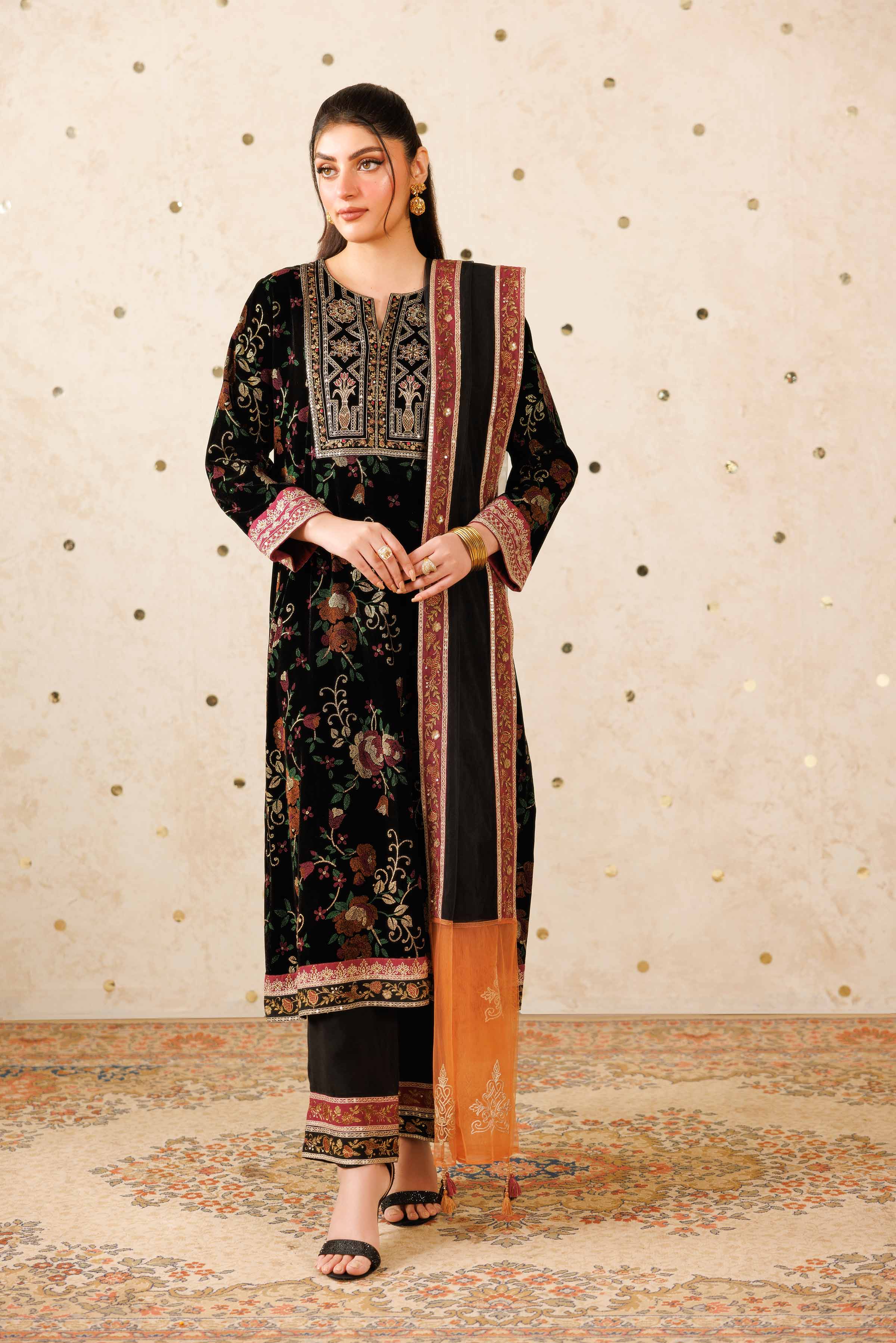 NishatUK - Black Embroidered Velvet 3-piece ready to wear-luxury Suit