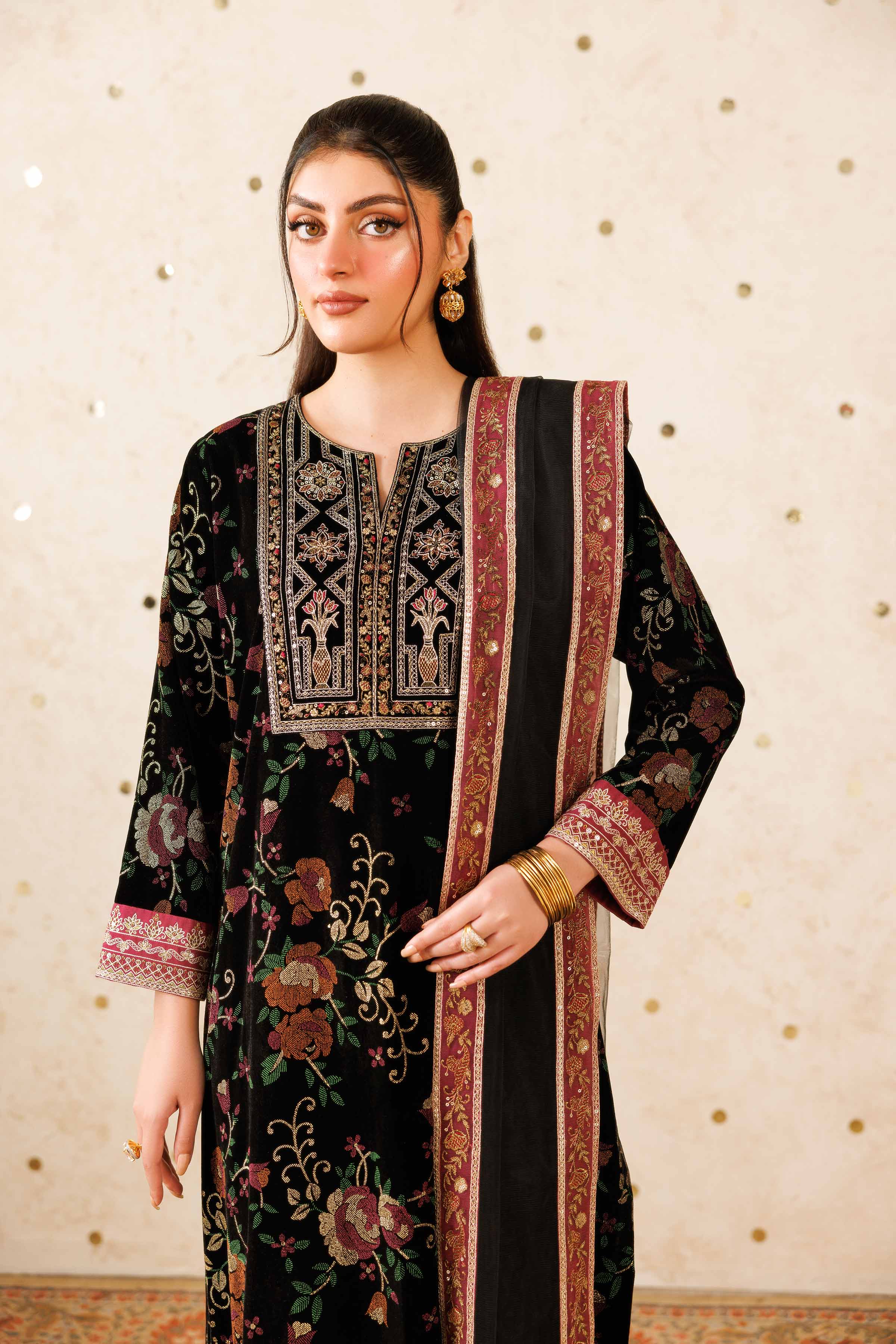 NishatUK - Black Embroidered Velvet 3-piece ready to wear-luxury Suit