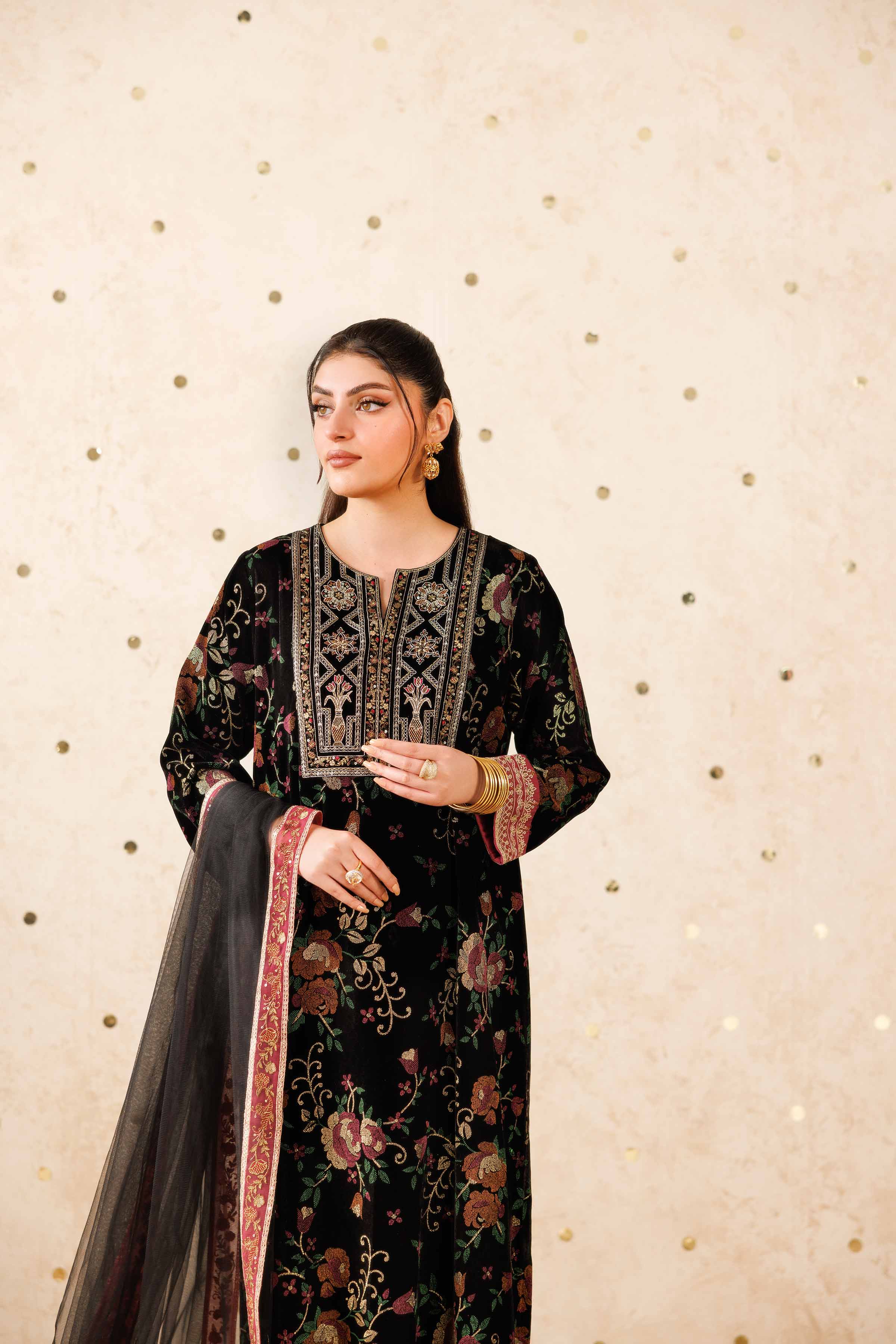 NishatUK - Black Embroidered Velvet 3-piece ready to wear-luxury Suit