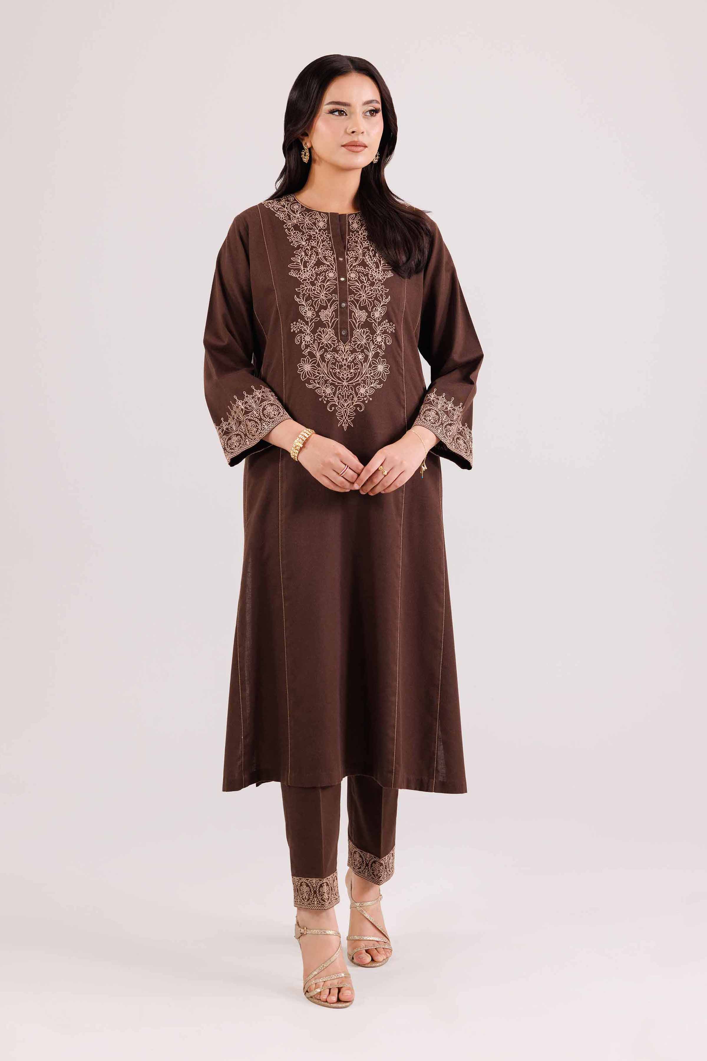NishatUK - Brown Embroidered Karandi 2-piece ready to wear Luxury Dress