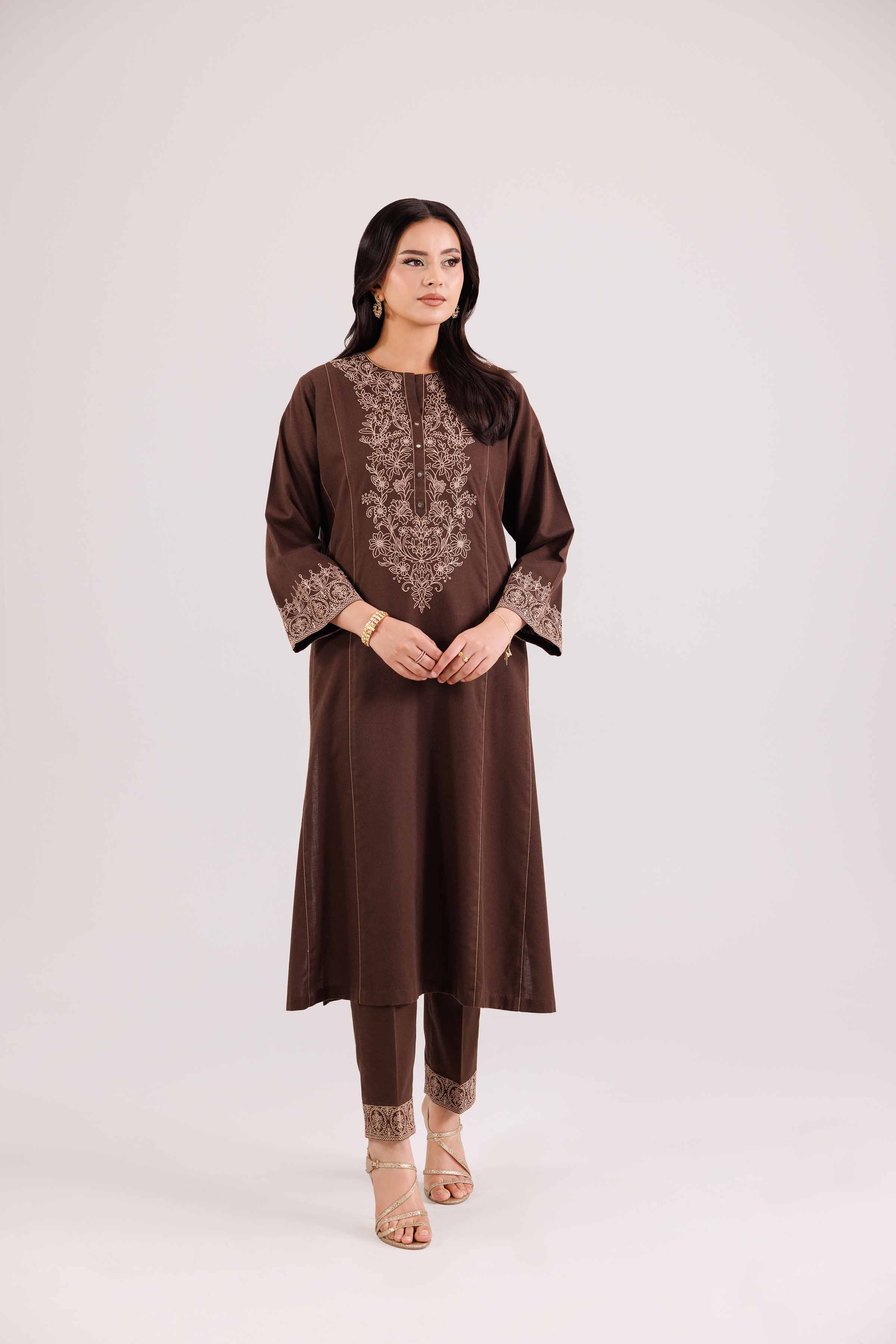 NishatUK - Brown Embroidered Karandi 2-piece ready to wear Luxury Dress
