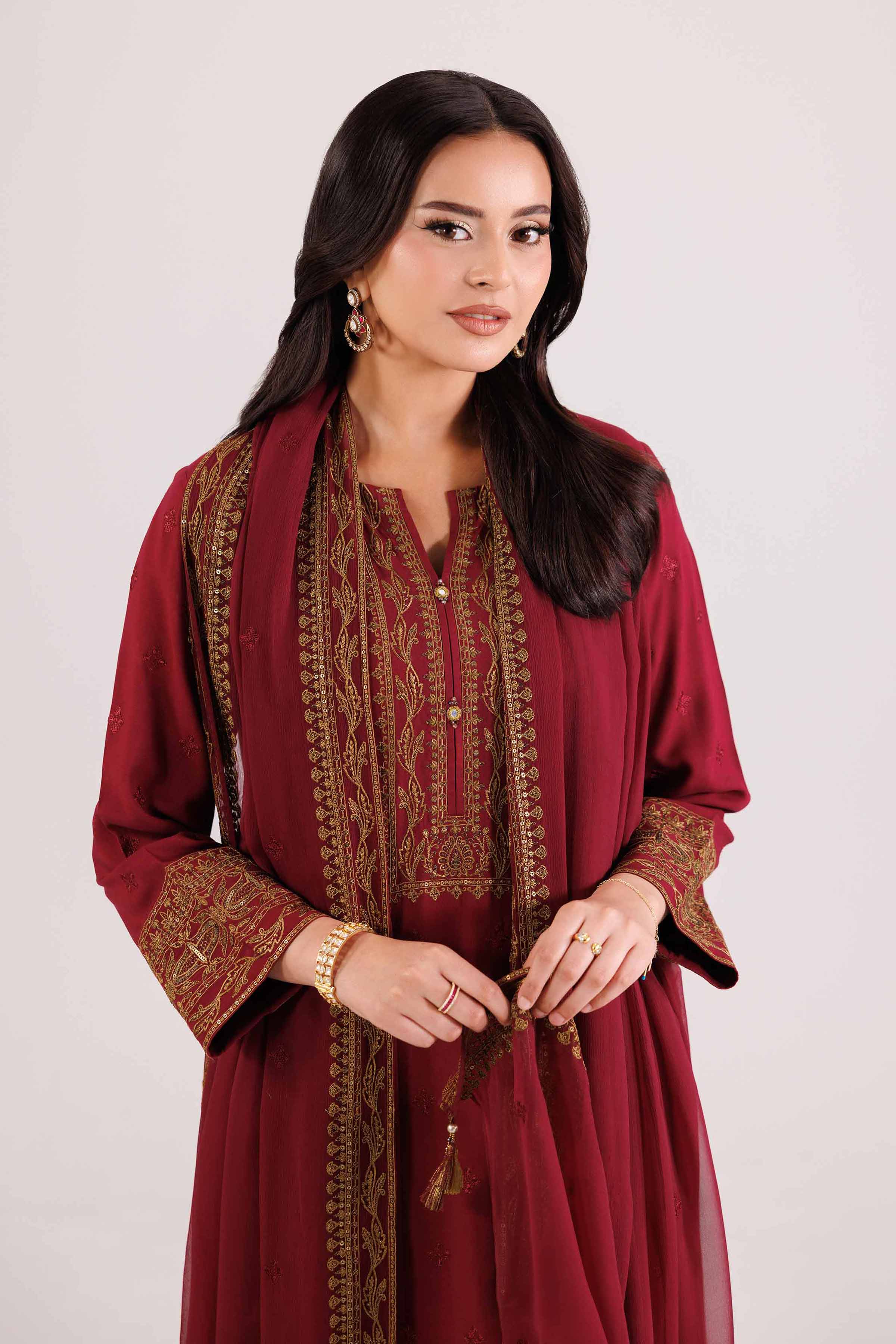 NishatUK - Red Embroidered Linen 3-piece ready to wear-luxury Suit