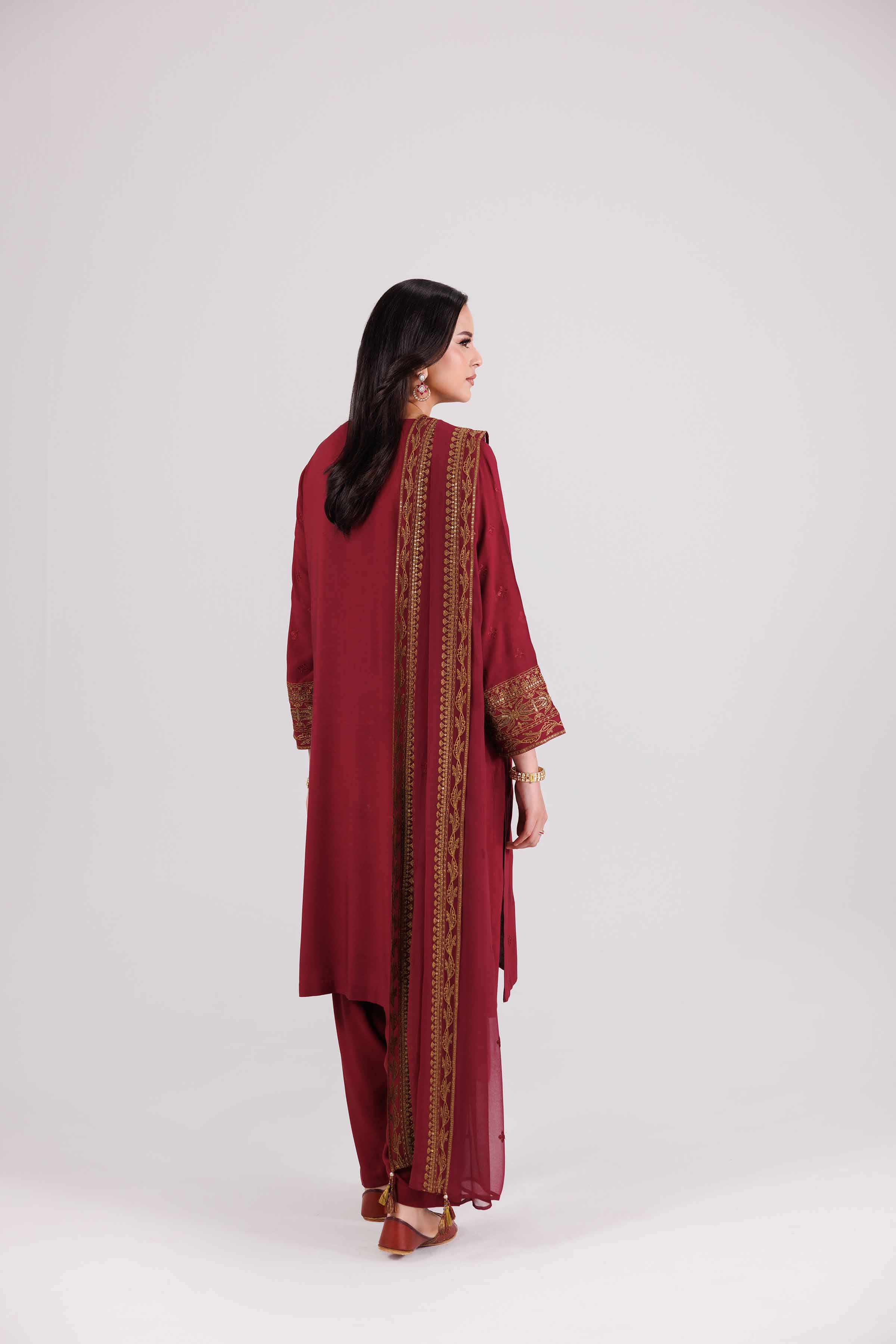 NishatUK - Red Embroidered Linen 3-piece ready to wear-luxury Suit