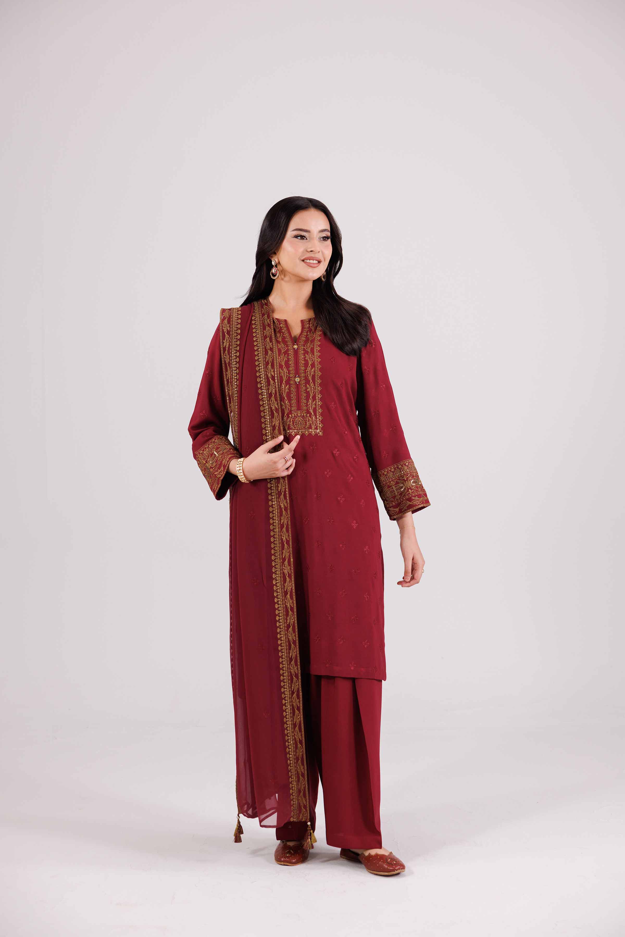 NishatUK - Red Embroidered Linen 3-piece ready to wear-luxury Suit