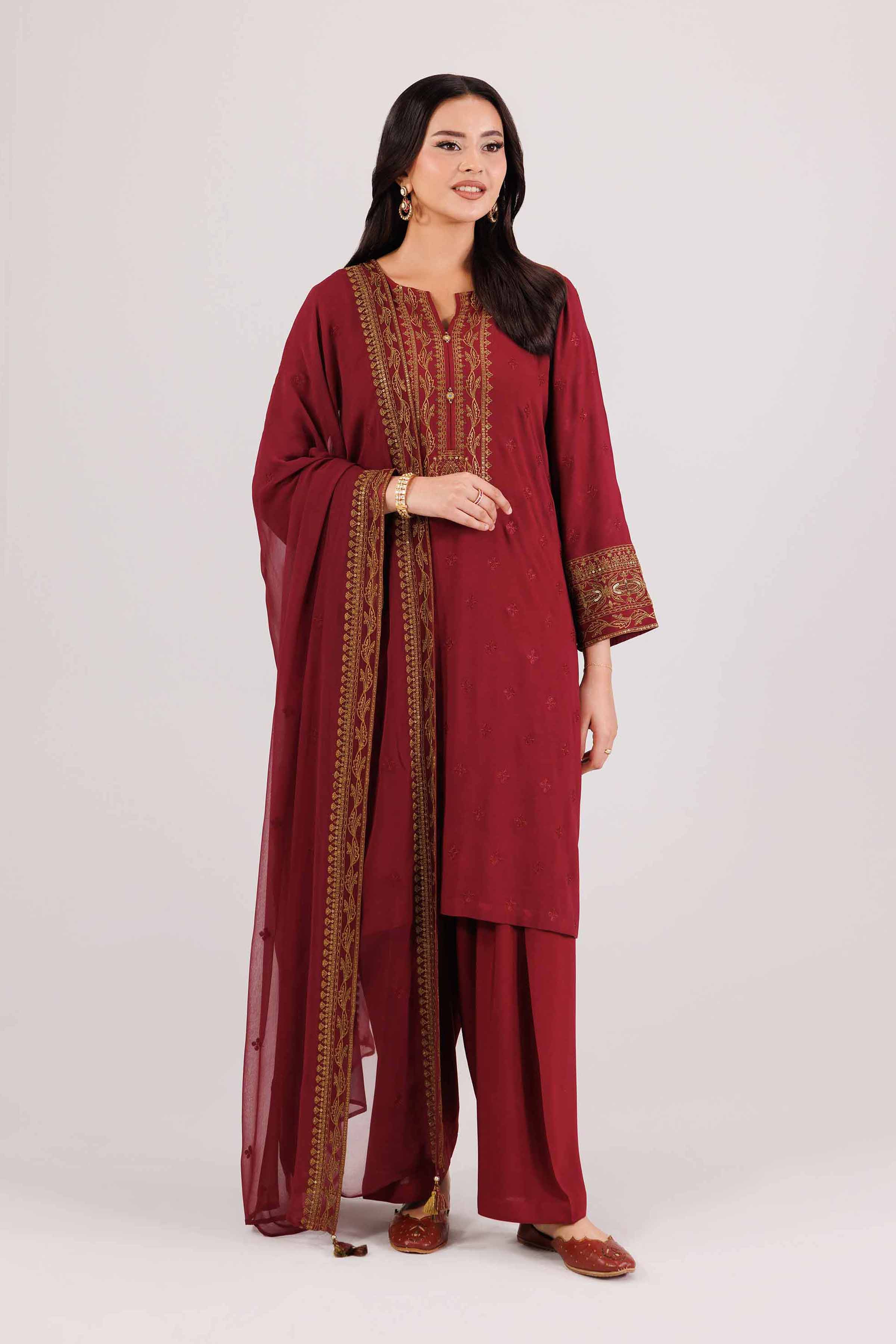 NishatUK - Red Embroidered Linen 3-piece ready to wear-luxury Suit