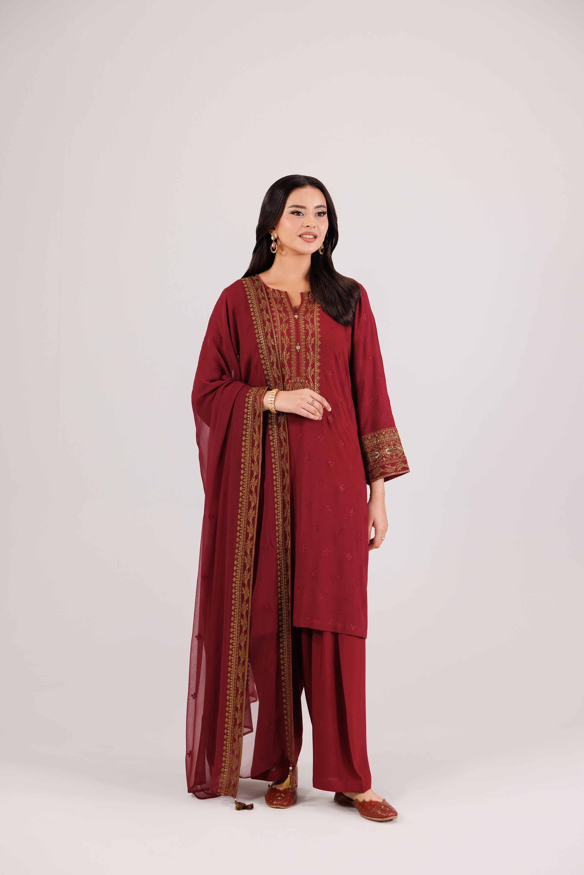 NishatUK - Red Embroidered Linen 3-piece ready to wear-luxury Suit