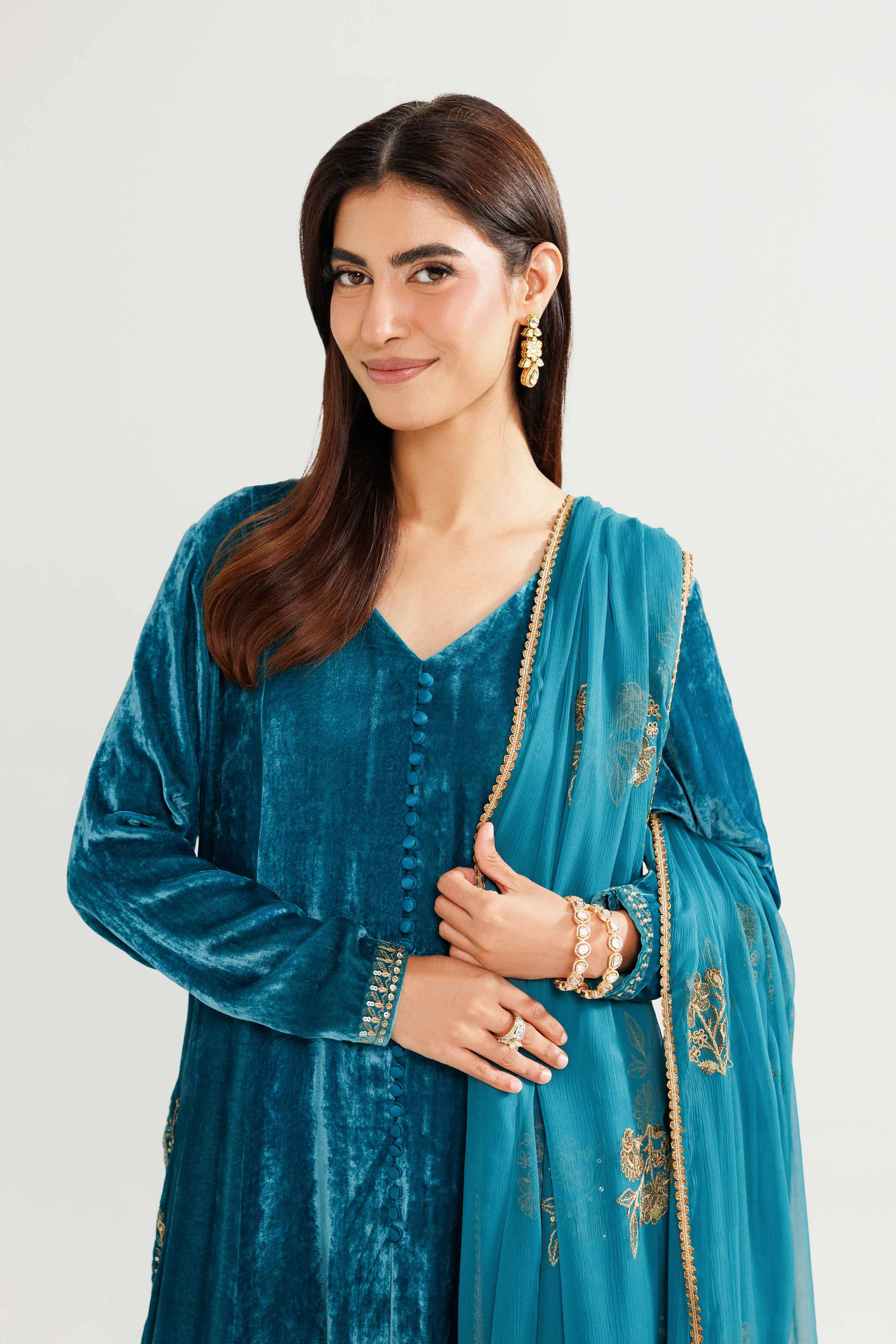 NishatUK - Ferozi Embroidered Velvet 3-piece ready to wear Suit