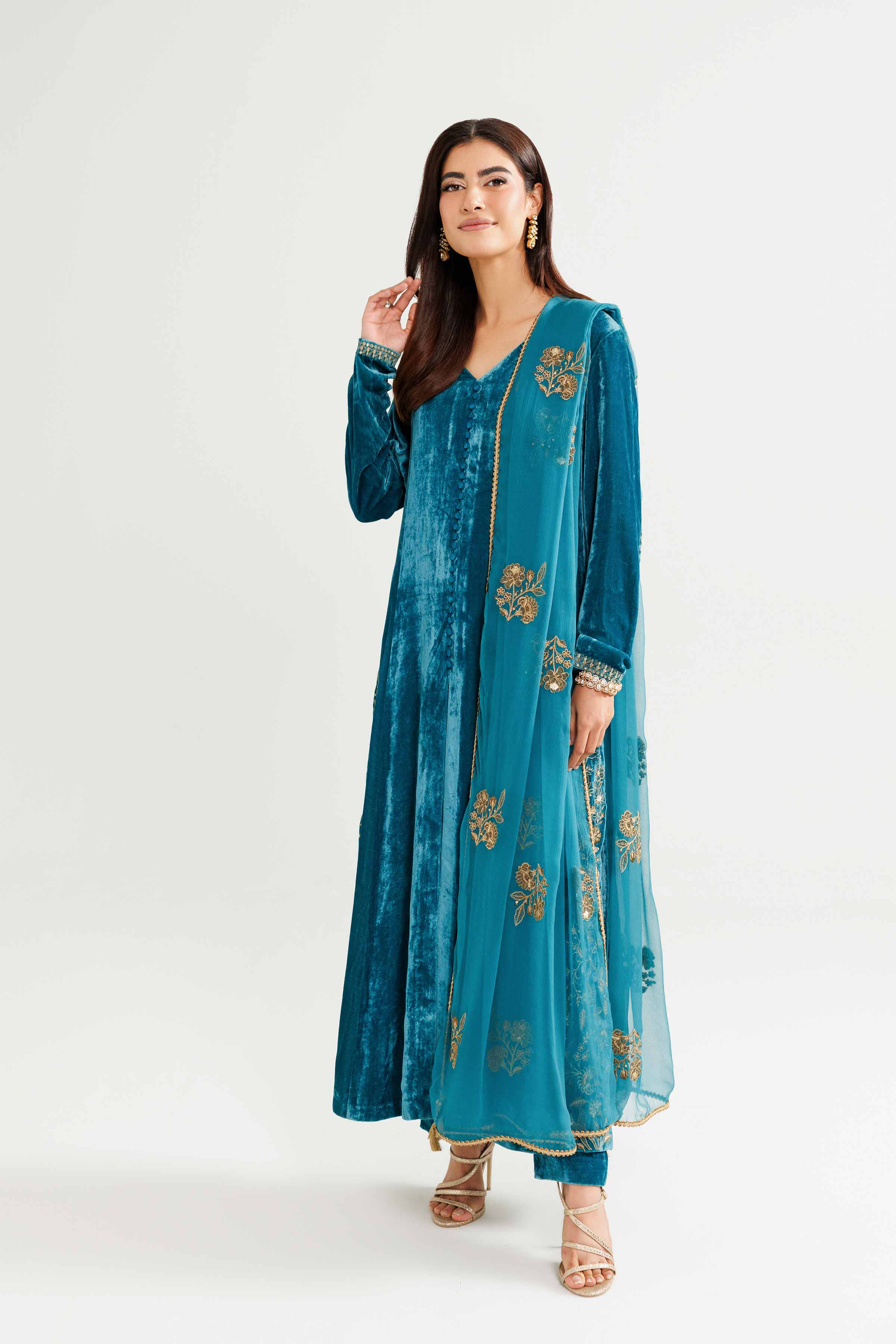 NishatUK - Ferozi Embroidered Velvet 3-piece ready to wear Suit