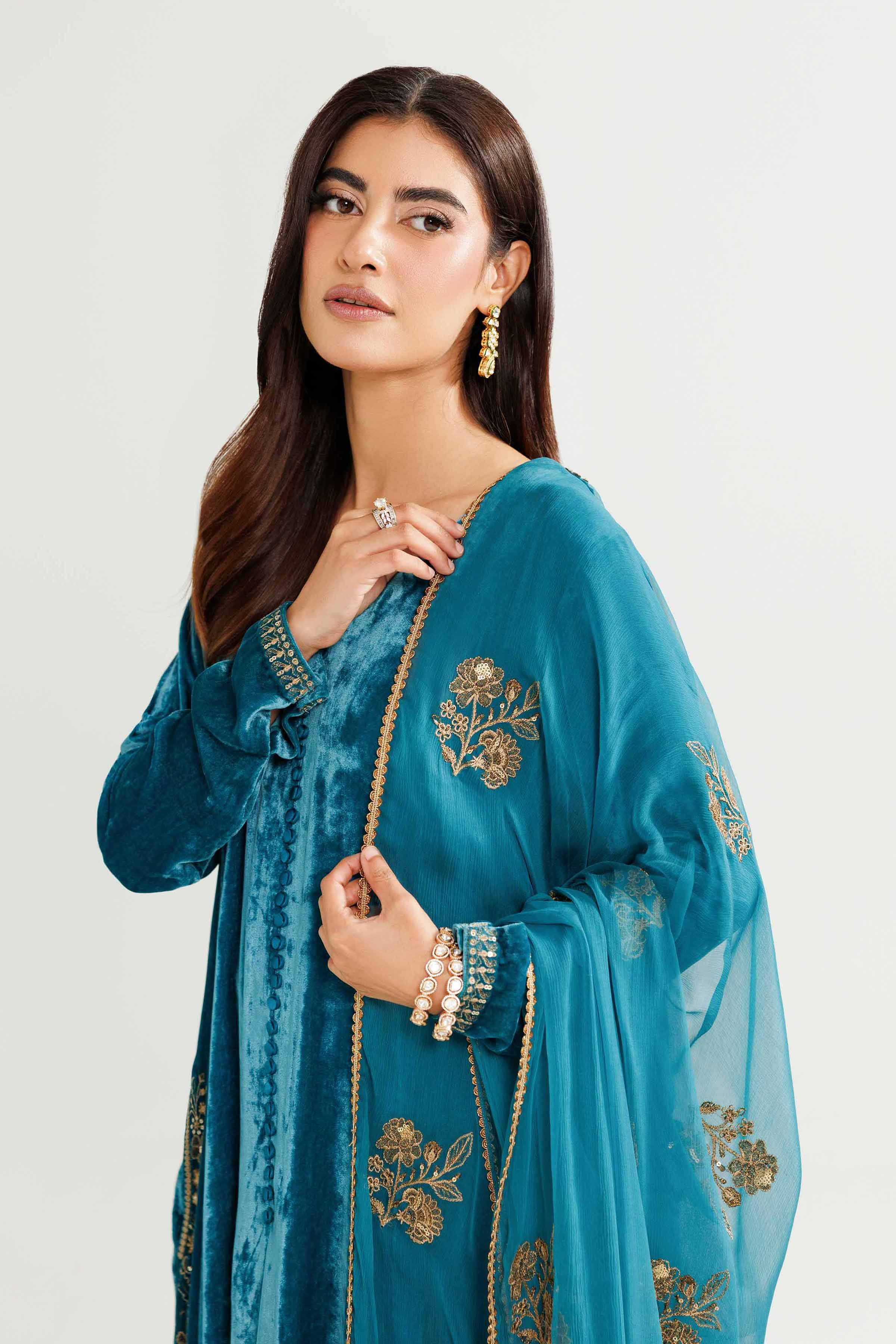 NishatUK - Ferozi Embroidered Velvet 3-piece ready to wear Suit