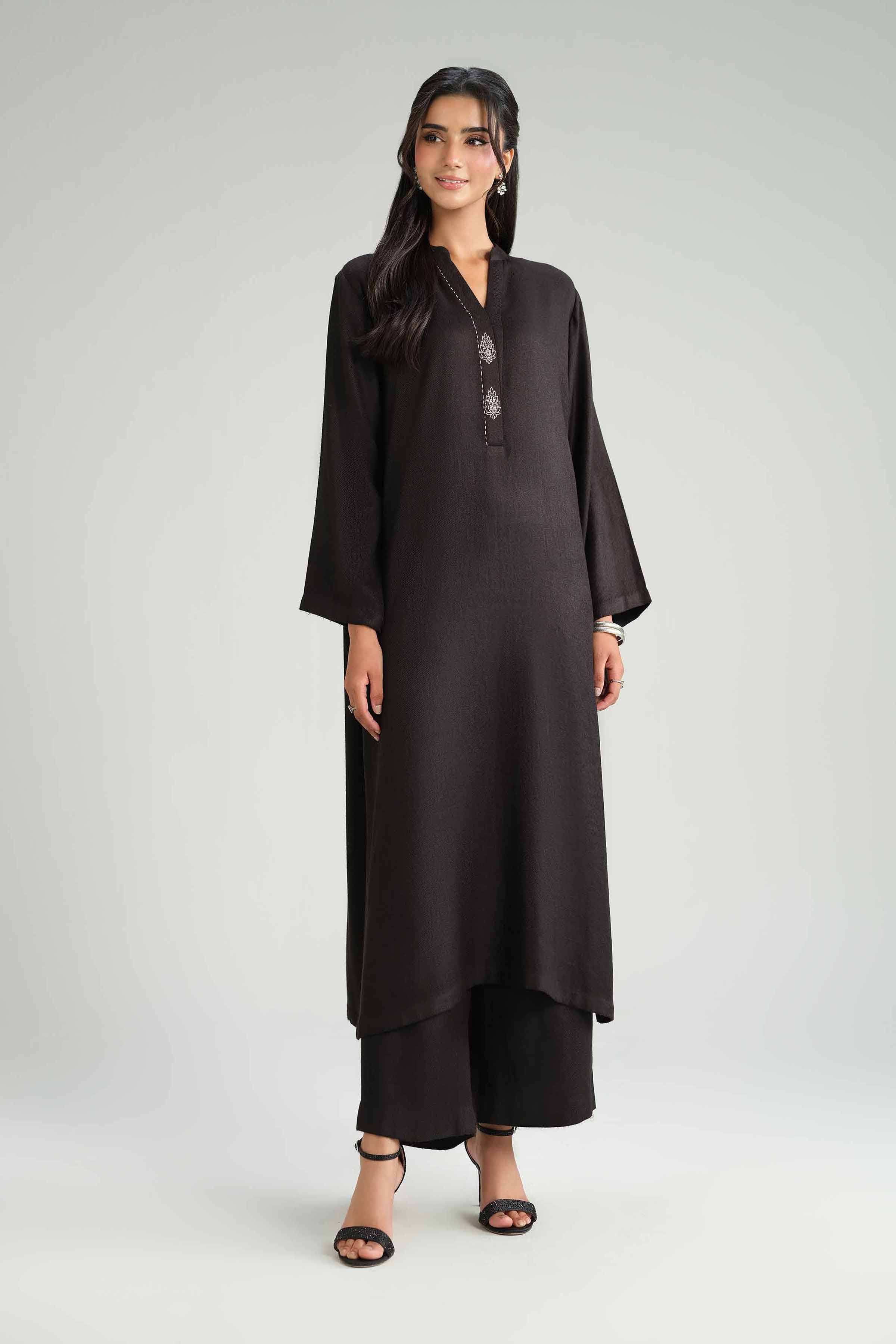 NishatUK - Black Embroidered Wool 2-piece ready to wear Luxury Dress