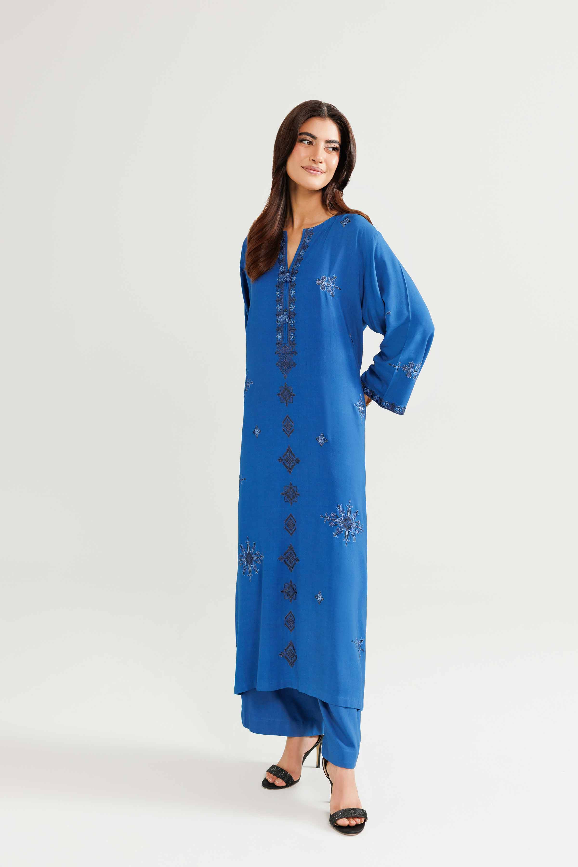 NishatUK - Blue Embroidered Linen 2-piece ready to wear-luxury Dress