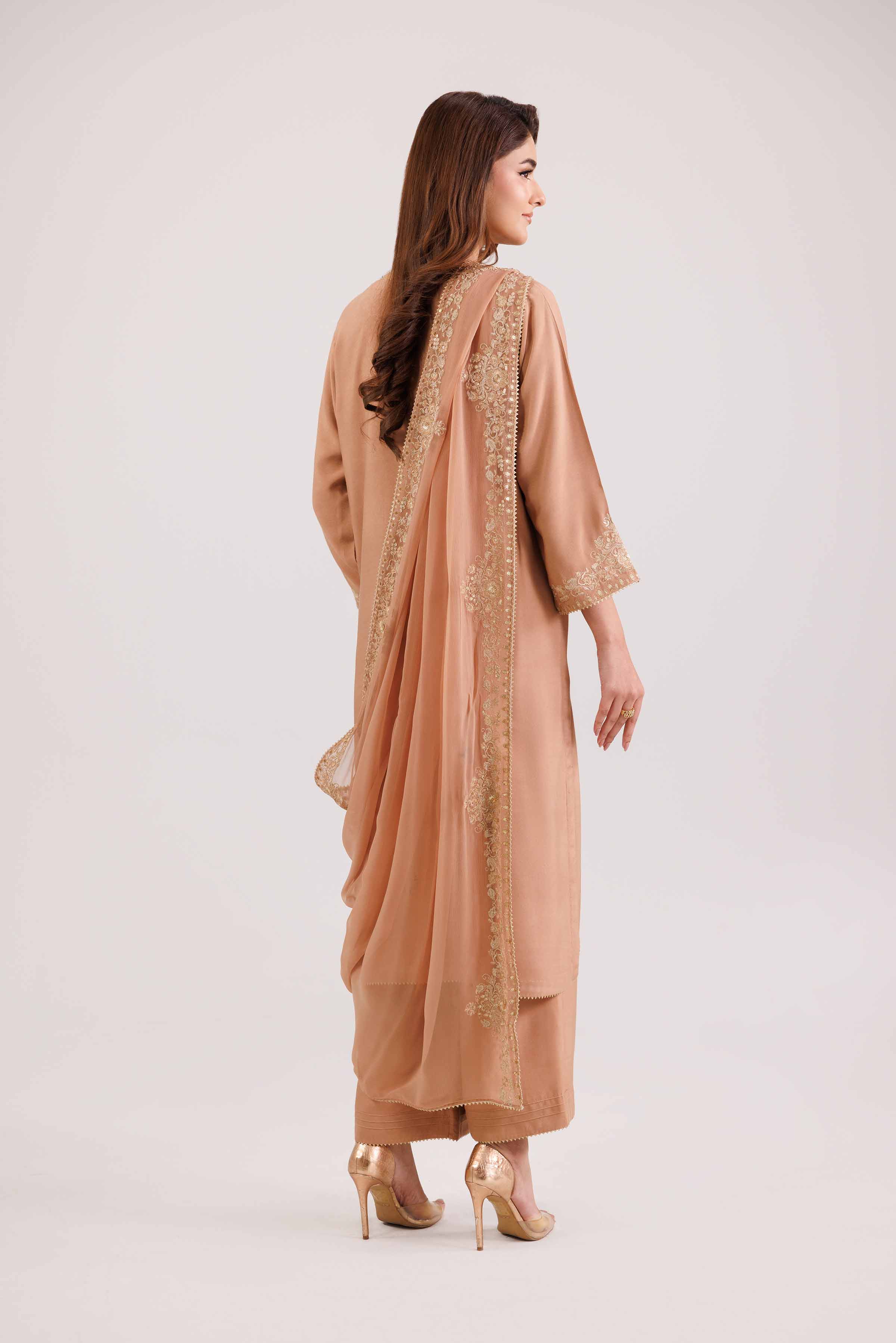 NishatUK - Peach Embroidered Linen 3-piece ready to wear-luxury Suit