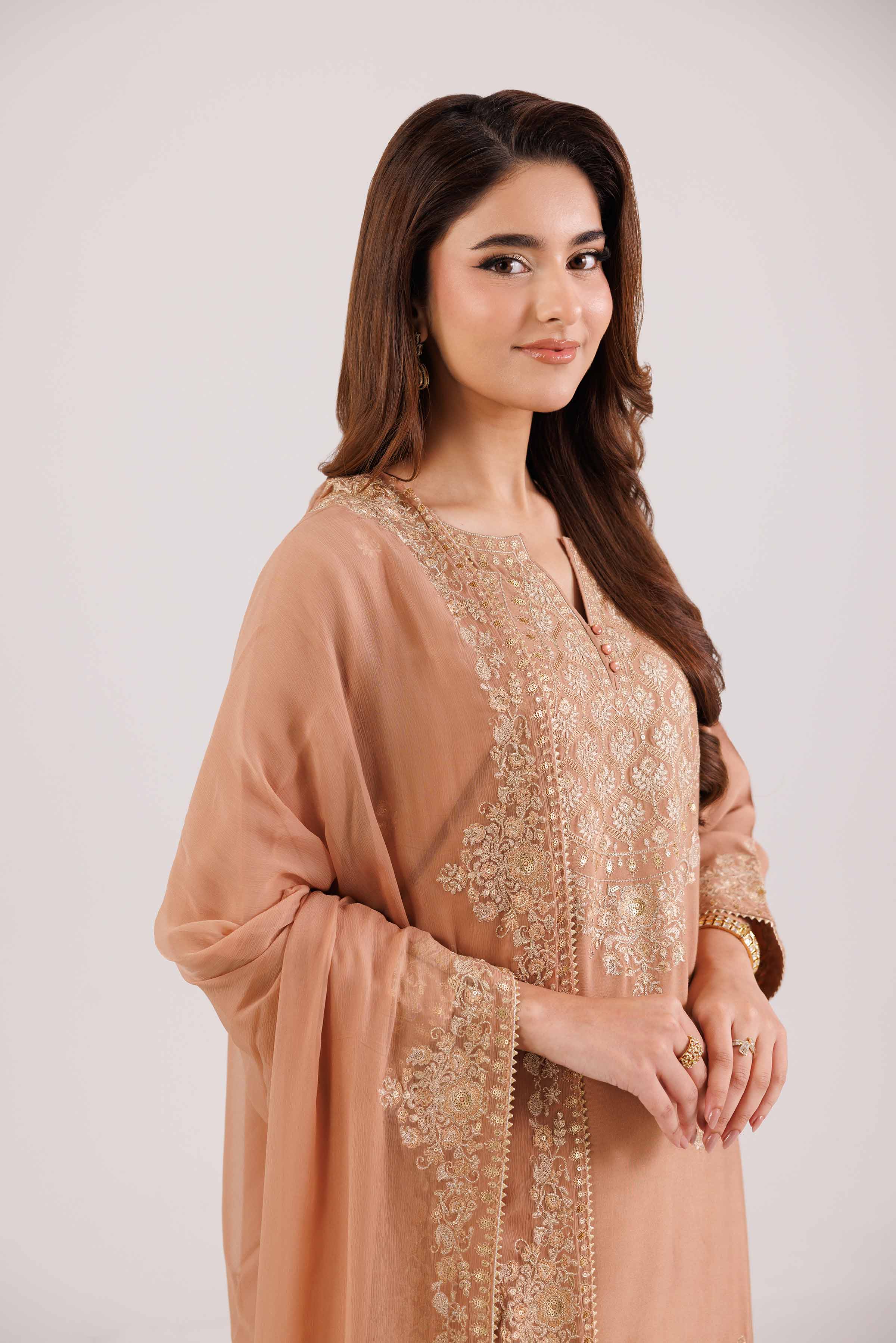 NishatUK - Peach Embroidered Linen 3-piece ready to wear-luxury Suit