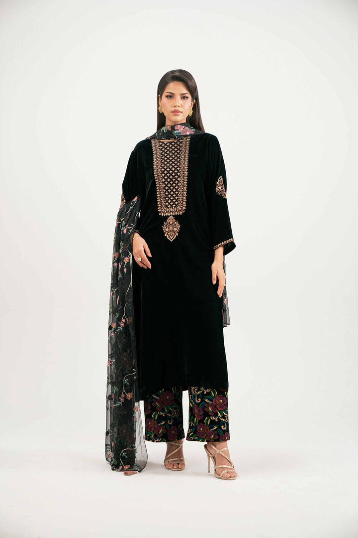 NishatUK - Black Embroidered  Velvet 3-piece ready to wear Suit