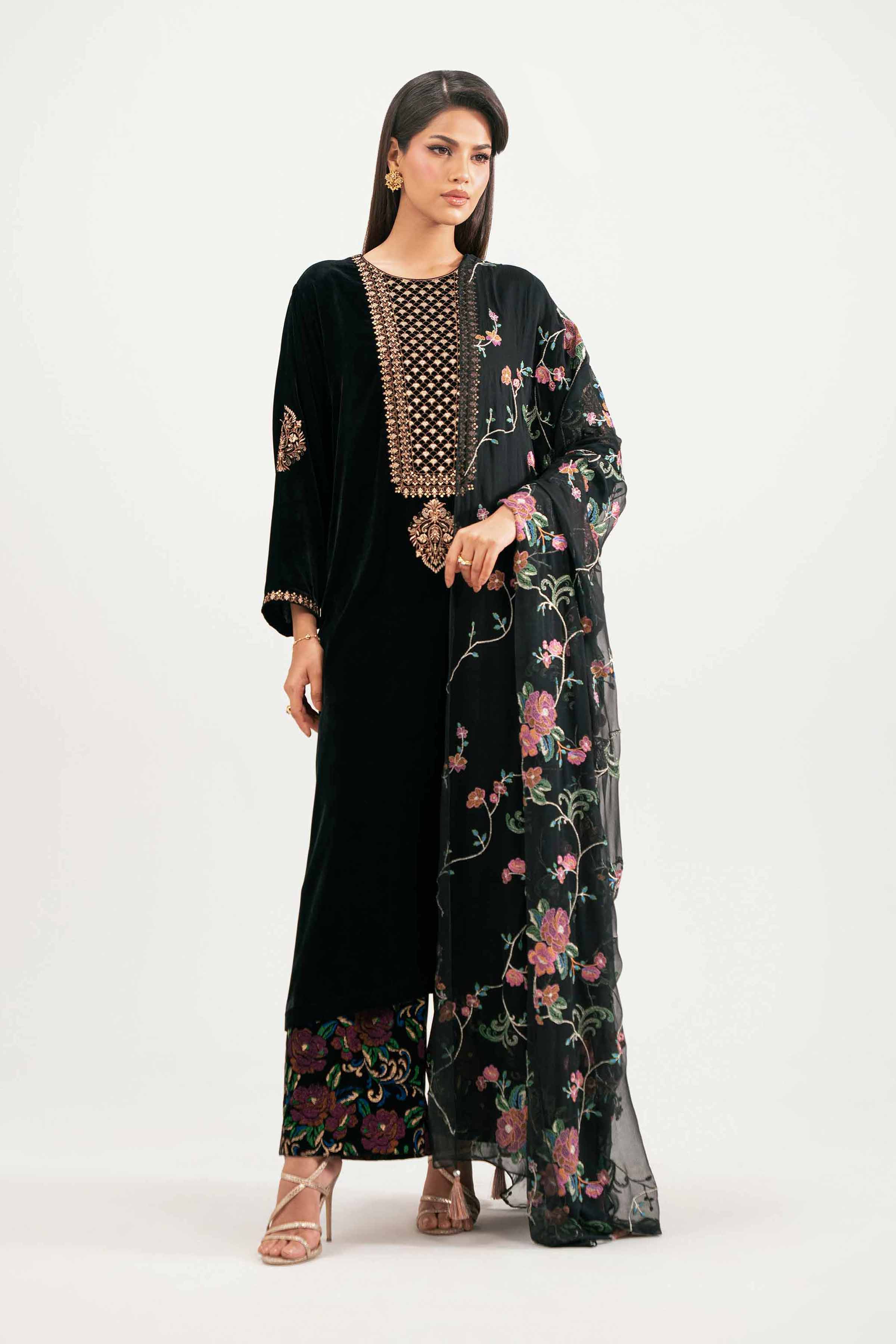 NishatUK - Black Embroidered  Velvet 3-piece ready to wear Suit