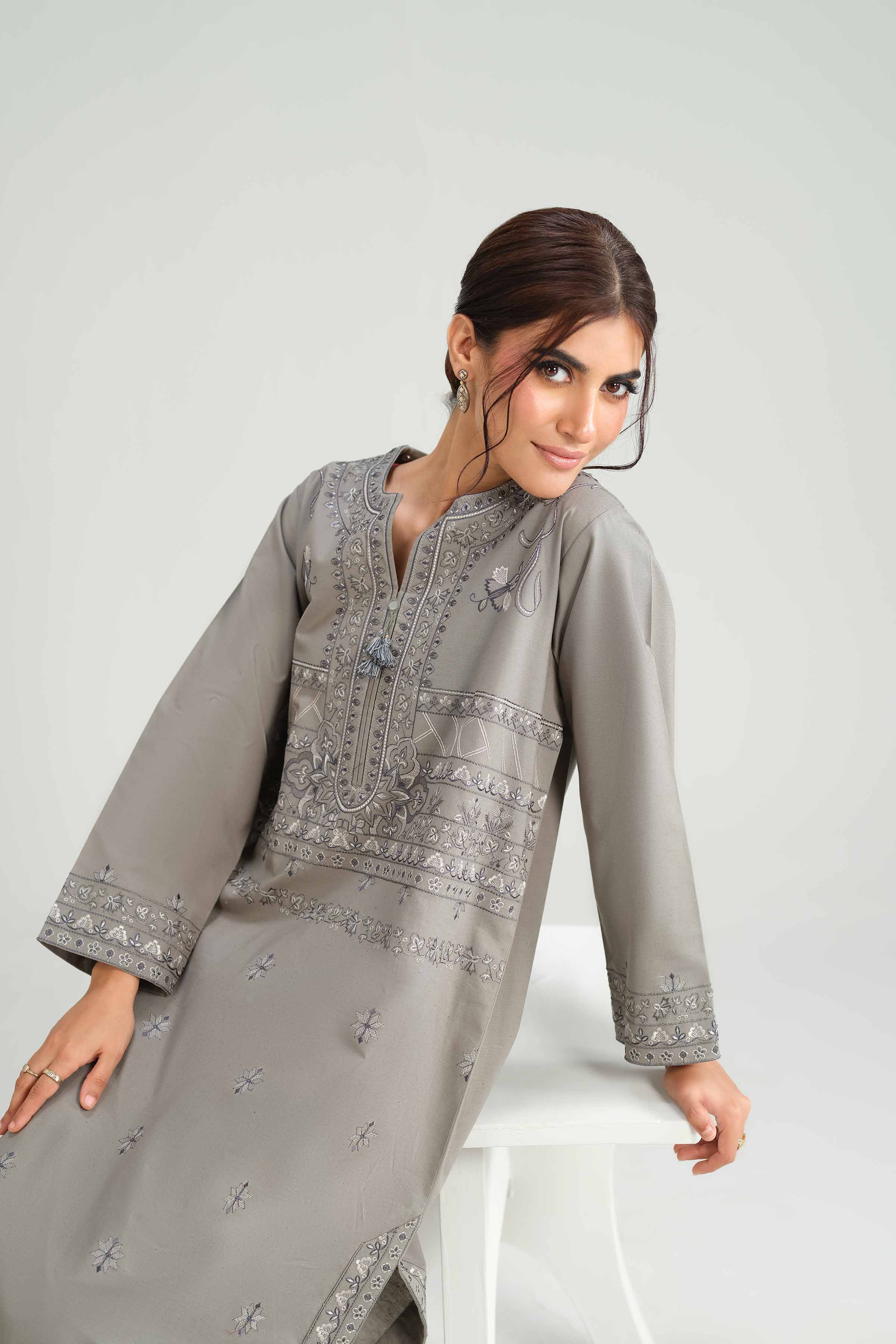 NishatUK - Grey Embroidered Karandi 2-piece ready to wear-luxury Dress