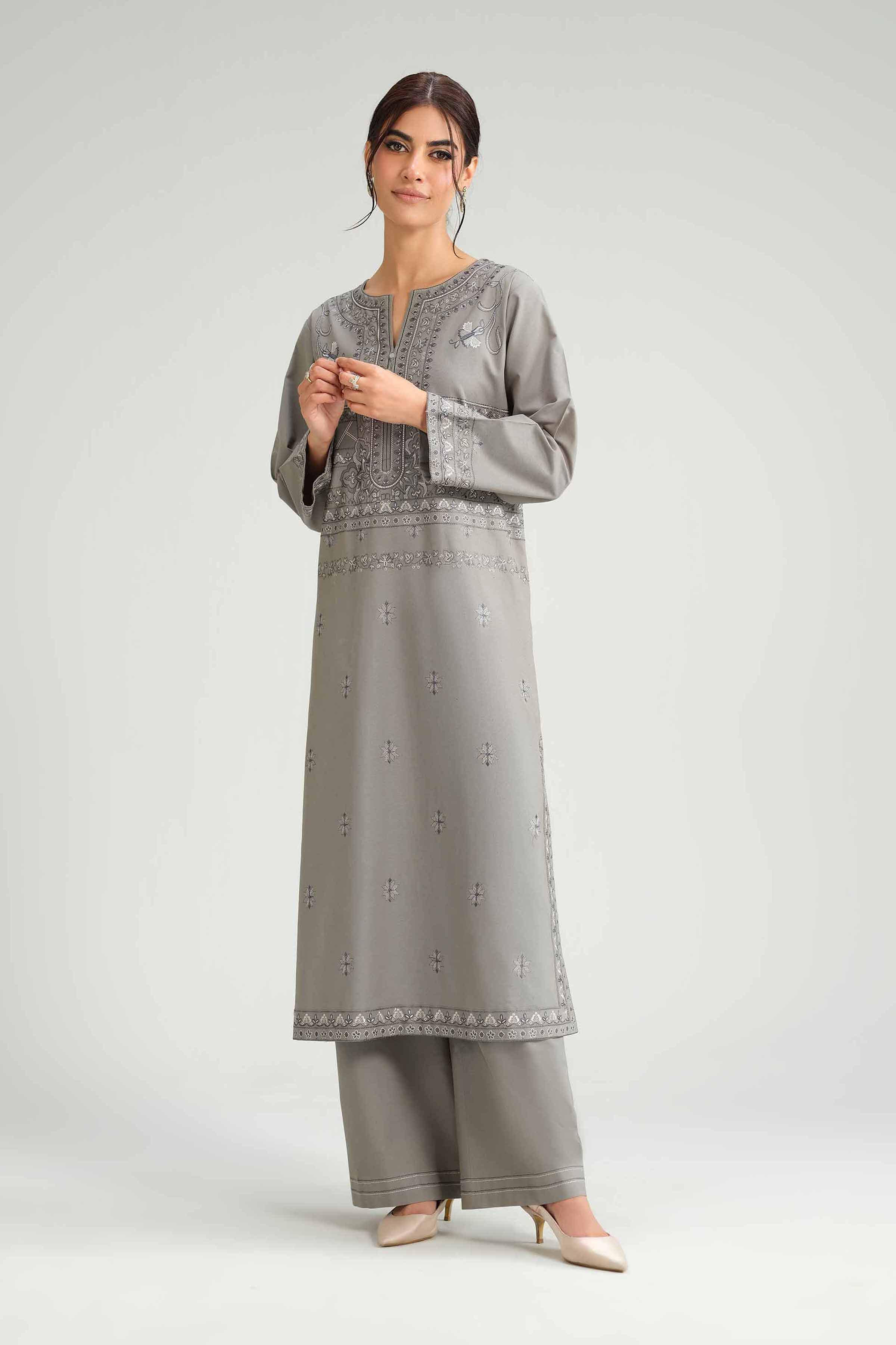 NishatUK - Grey Embroidered Karandi 2-piece ready to wear-luxury Dress