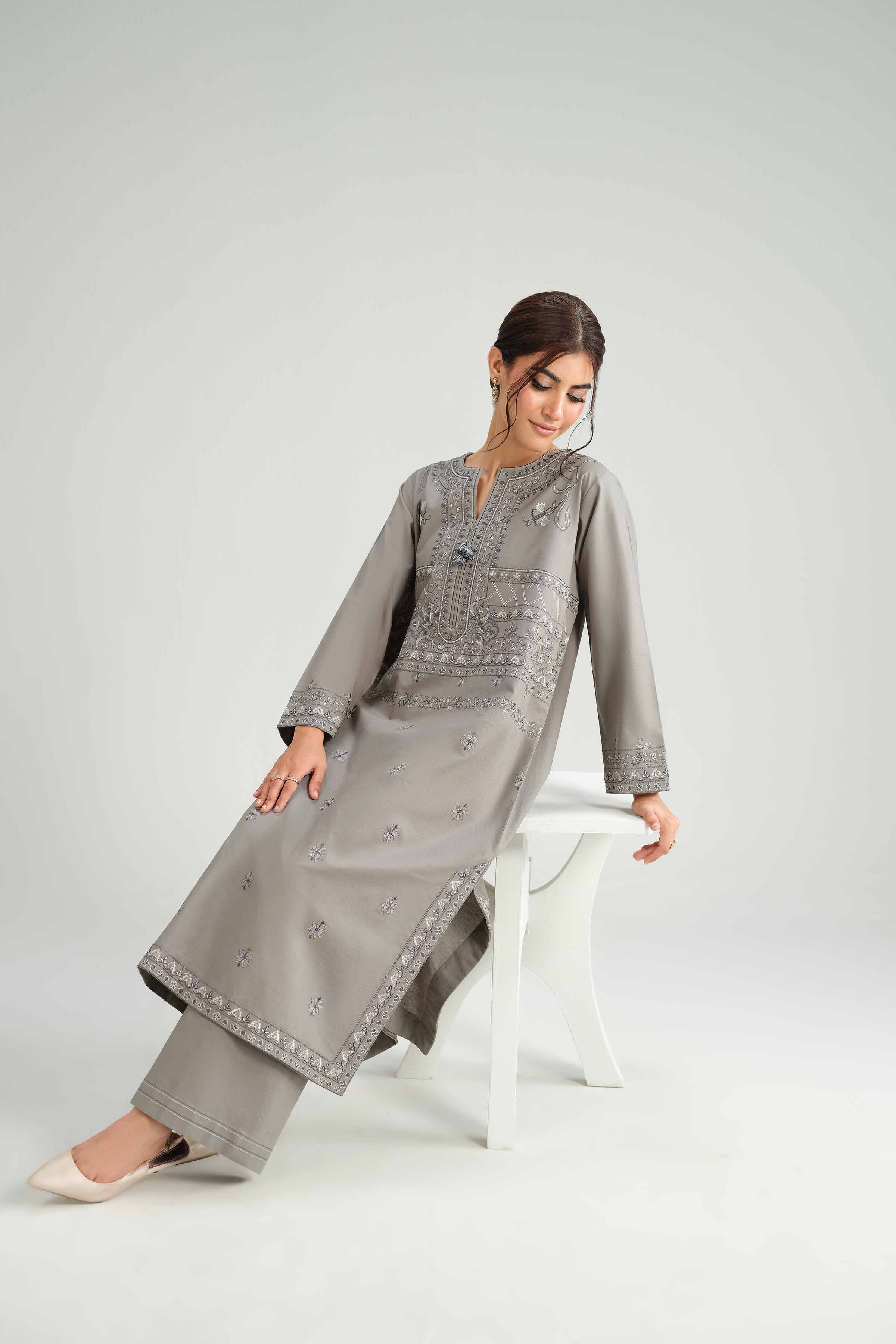 NishatUK - Grey Embroidered Karandi 2-piece ready to wear-luxury Dress