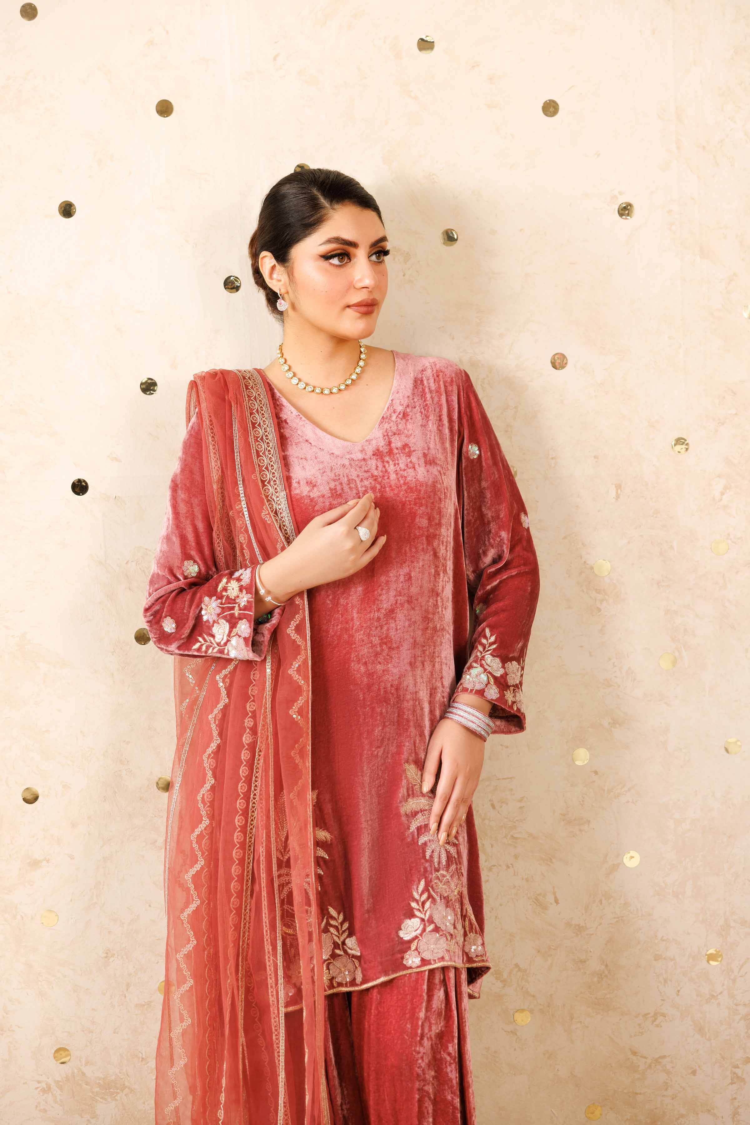 NishatUK - Tea Pink Embroidered Velvet 3-piece ready to wear Suit